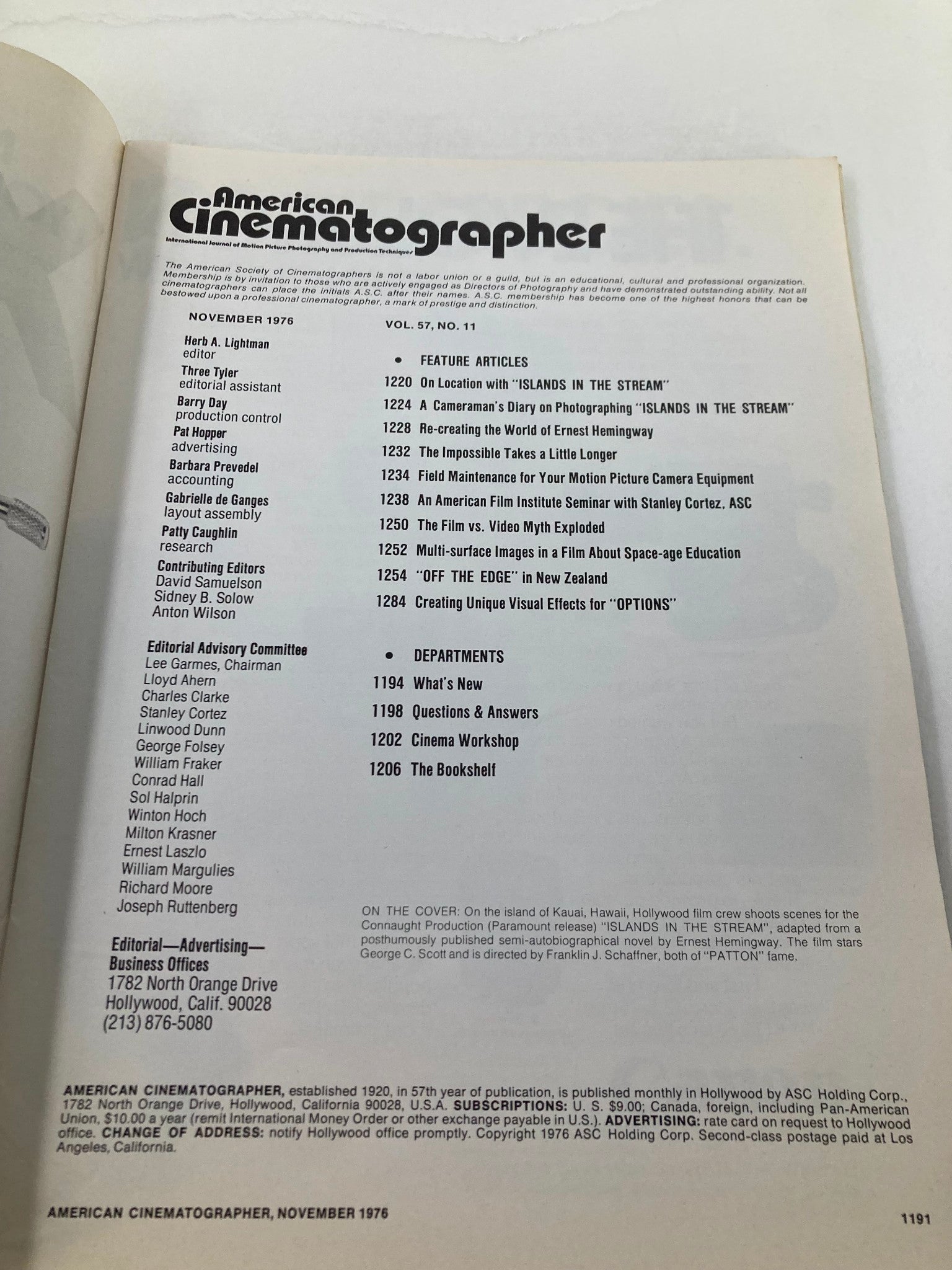 Inside page of the American Cinematographer magazine from November 1976, outlining the table of contents and feature articles including 'Islands in the Stream'.