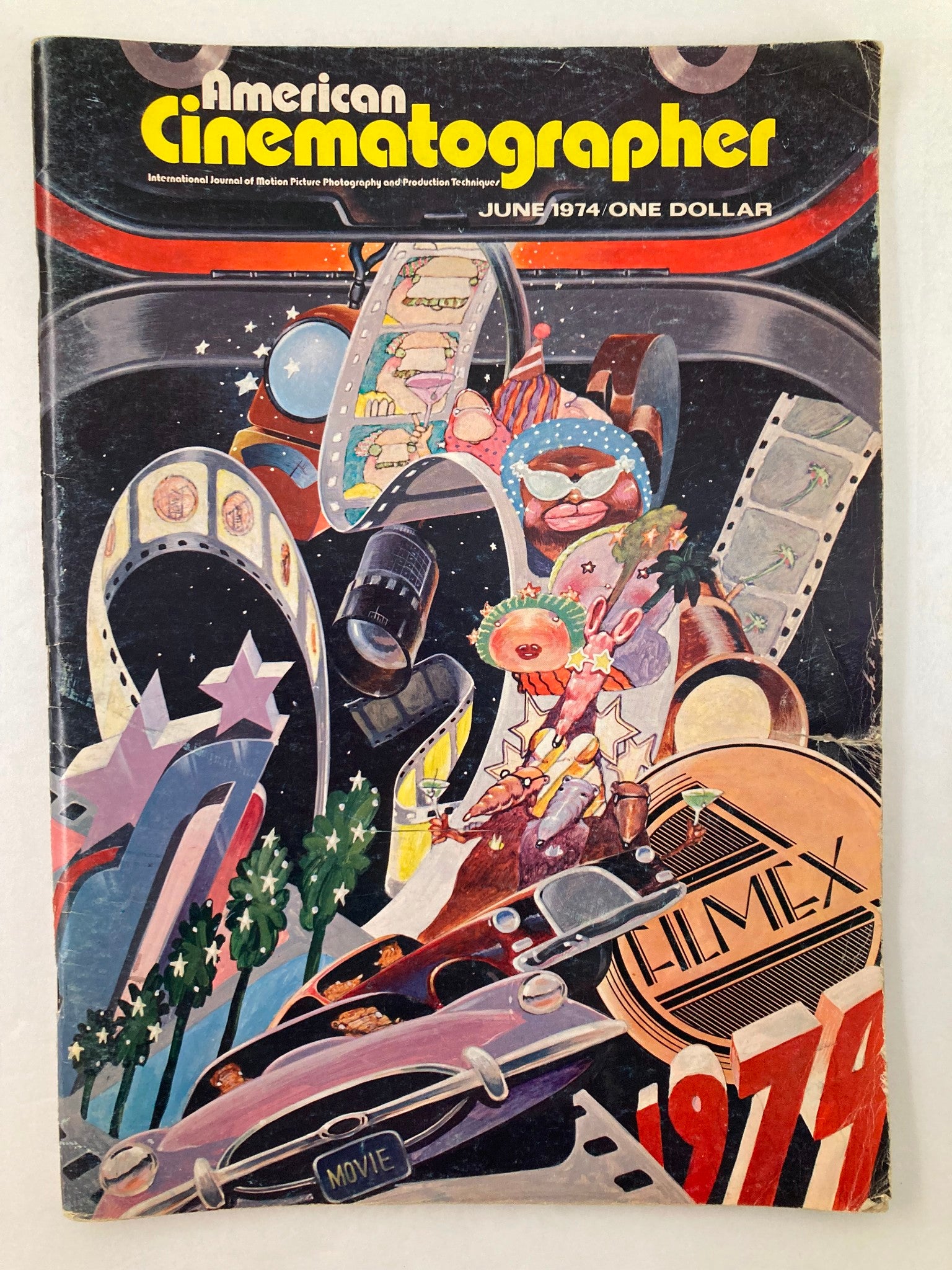 Cover of American Cinematographer Magazine, June 1974, featuring a vibrant artistic impression of Hollywood Boulevard, capturing the essence of the film industry.