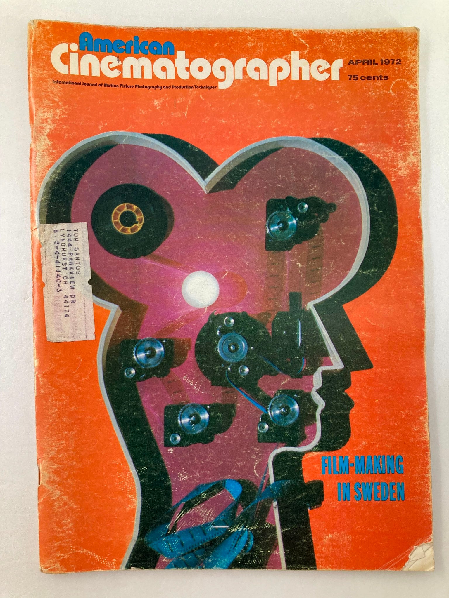 Cover of American Cinematographer Magazine, April 1972, featuring an artistic design with film equipment symbols and the text 'FILM-MAKING IN SWEDEN'.