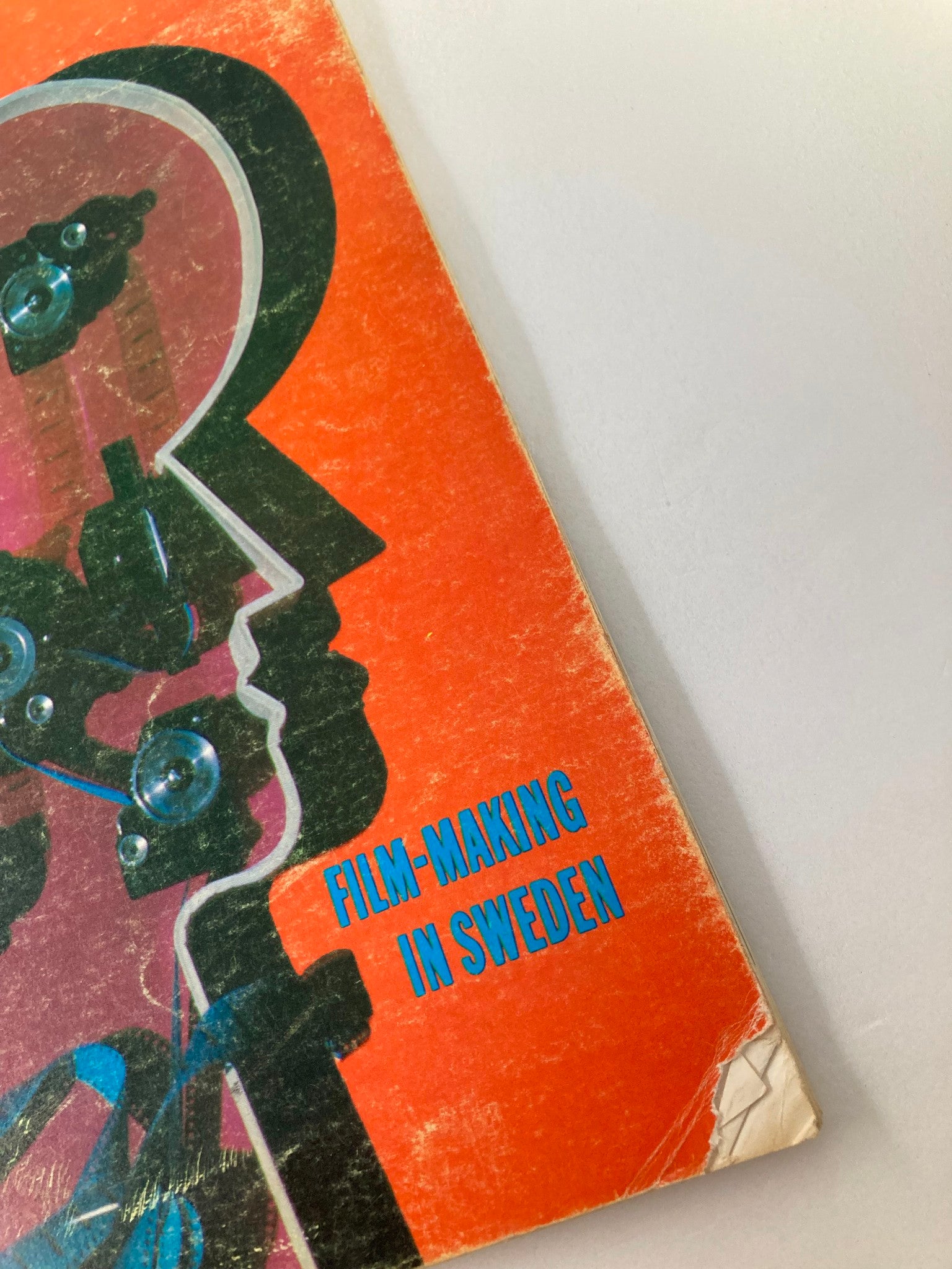 Close-up of the cover of American Cinematographer Magazine, April 1972, emphasizing the phrase 'FILM-MAKING IN SWEDEN' and artistic graphics.