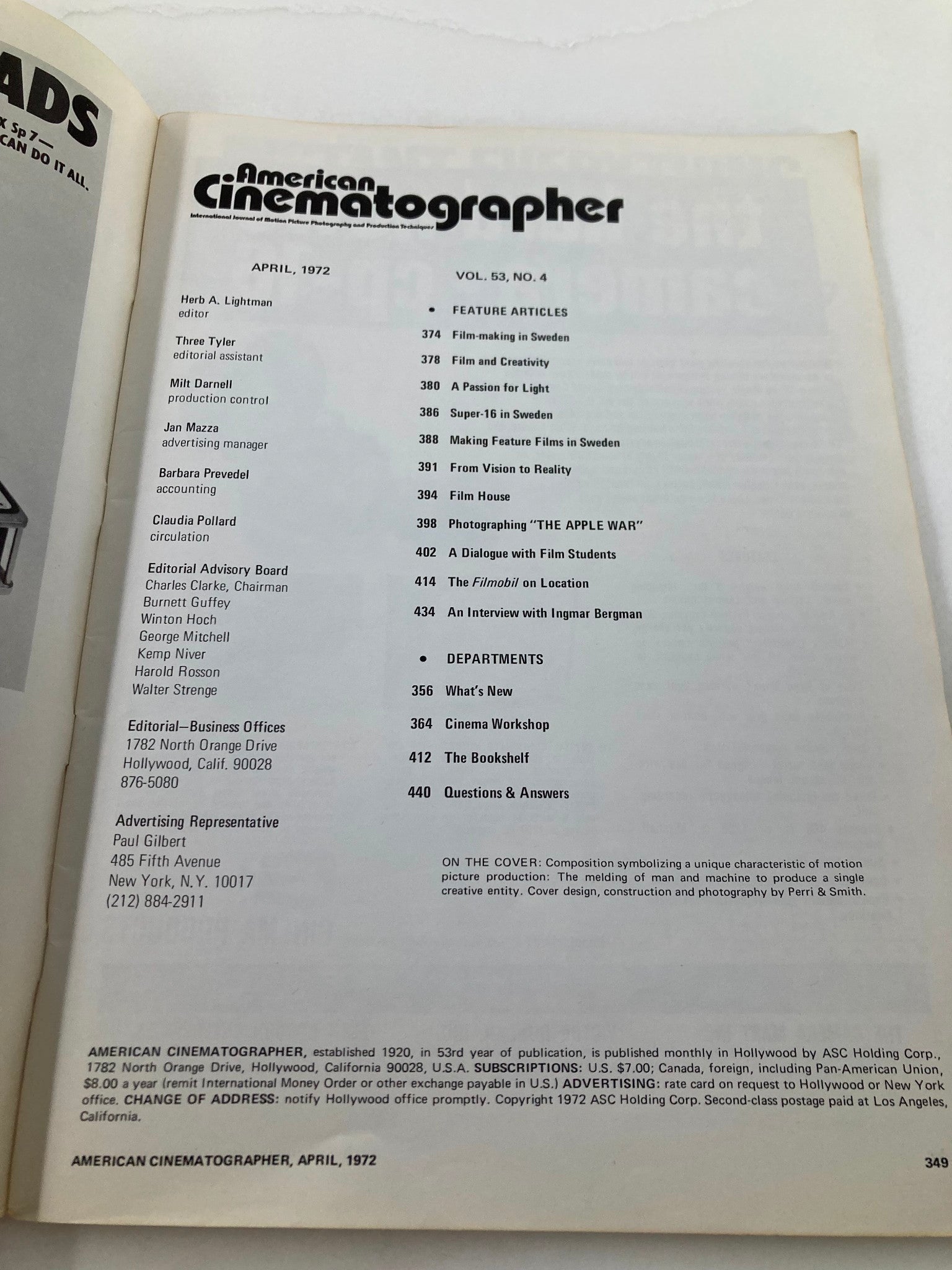 Table of contents from American Cinematographer Magazine, April 1972, listing feature articles including 'Film-making in Sweden' and other topics related to cinema.
