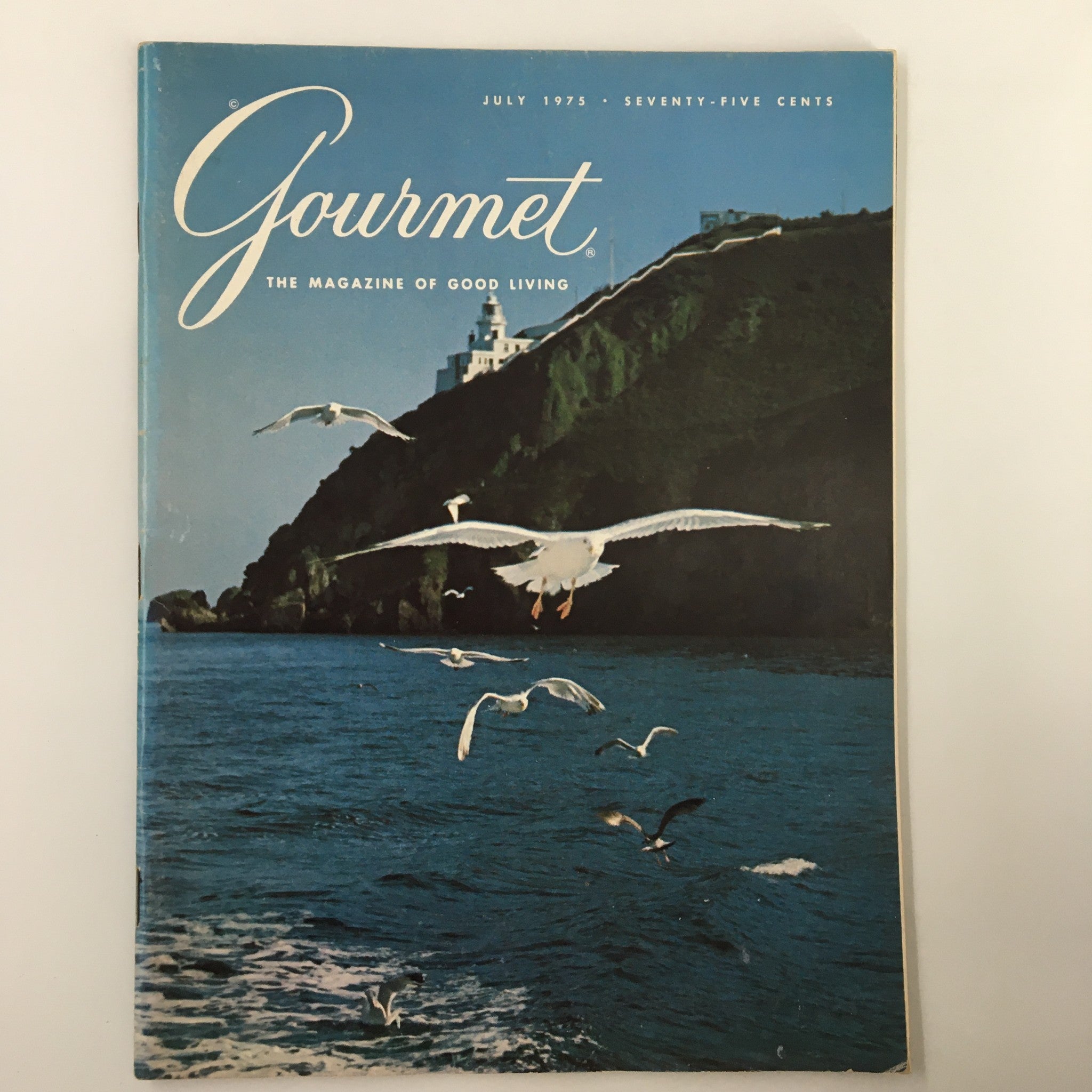 Cover of VTG Gourmet Magazine July 1975 featuring seagulls gliding along the shoreline of Sark, vibrant ocean scenery, and lighthouse in the background.