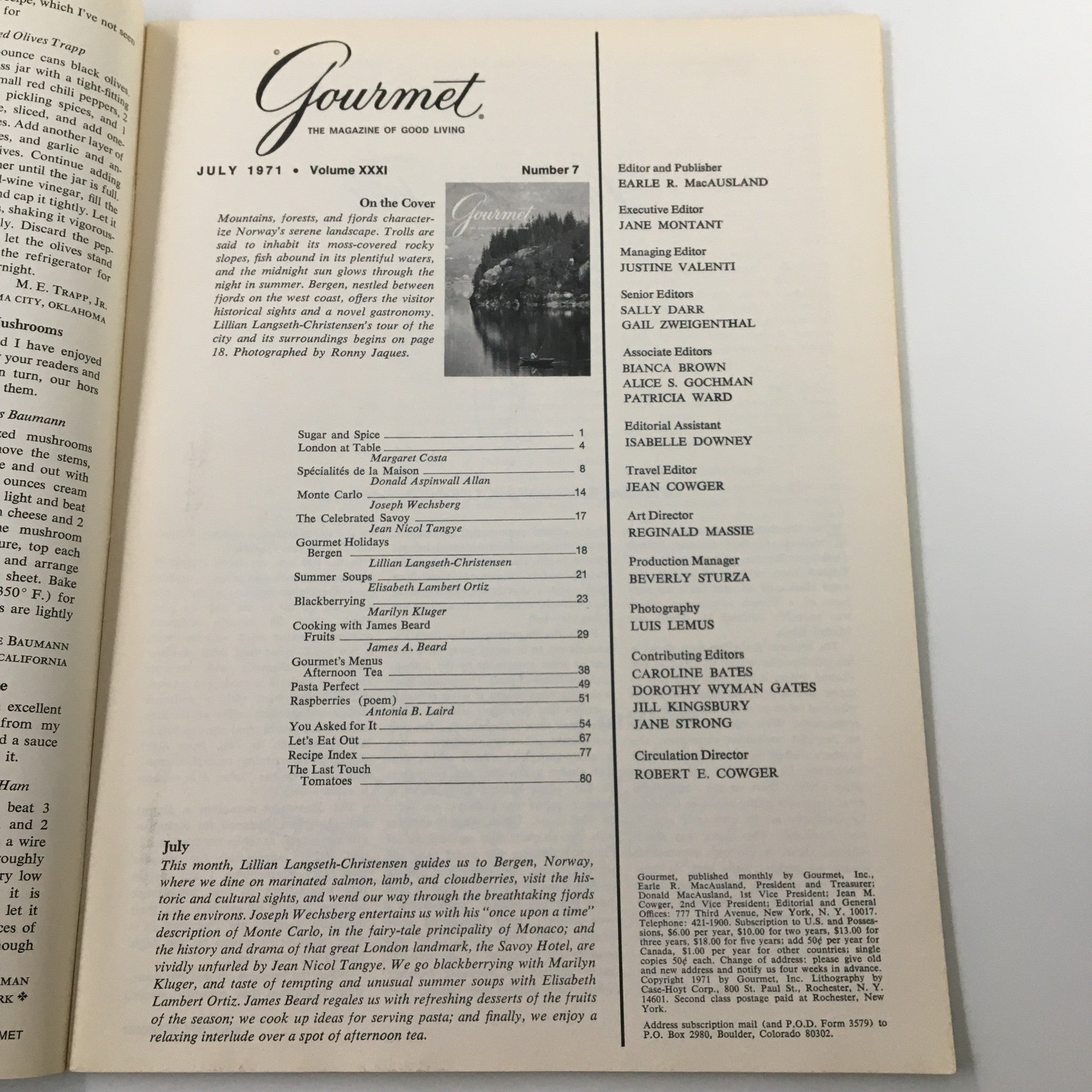 Table of contents page from VTG Gourmet Magazine July 1971, highlighting various articles and features inside, with details on the magazine's editorial staff and a nod to the cover photograph.