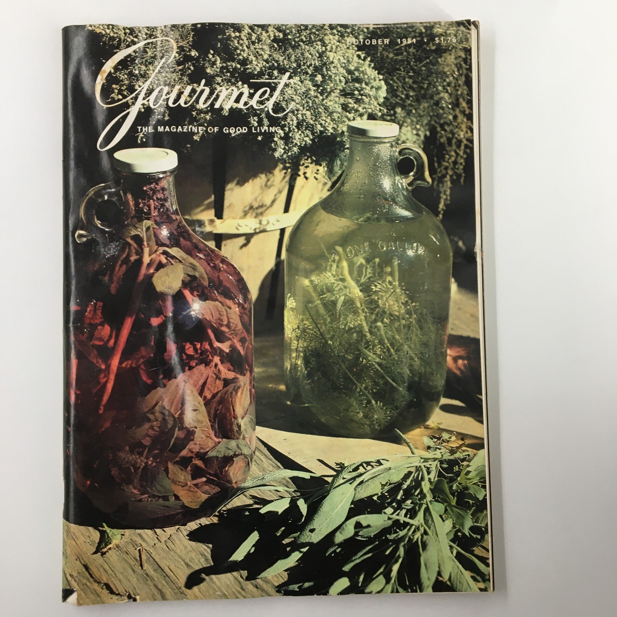 Cover of VTG Gourmet Magazine October 1981 featuring bottles of herbal vinegar, reflecting the theme 'The Making of Herbal Vinegar'.