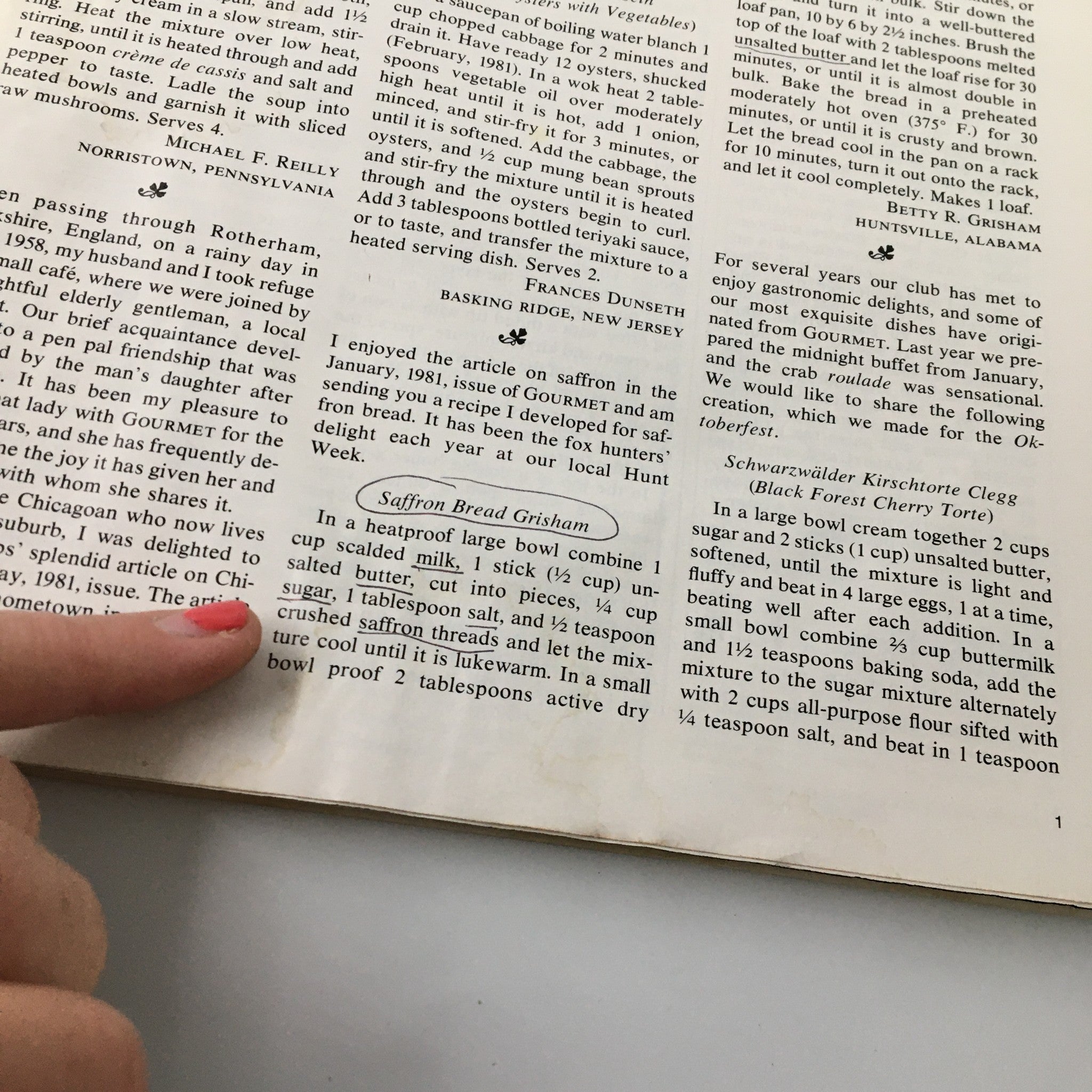 Another page from VTG Gourmet Magazine October 1981 featuring a recipe for Saffron Bread, with detailed instructions highlighted as well as personal notes indicating a reader's connection.