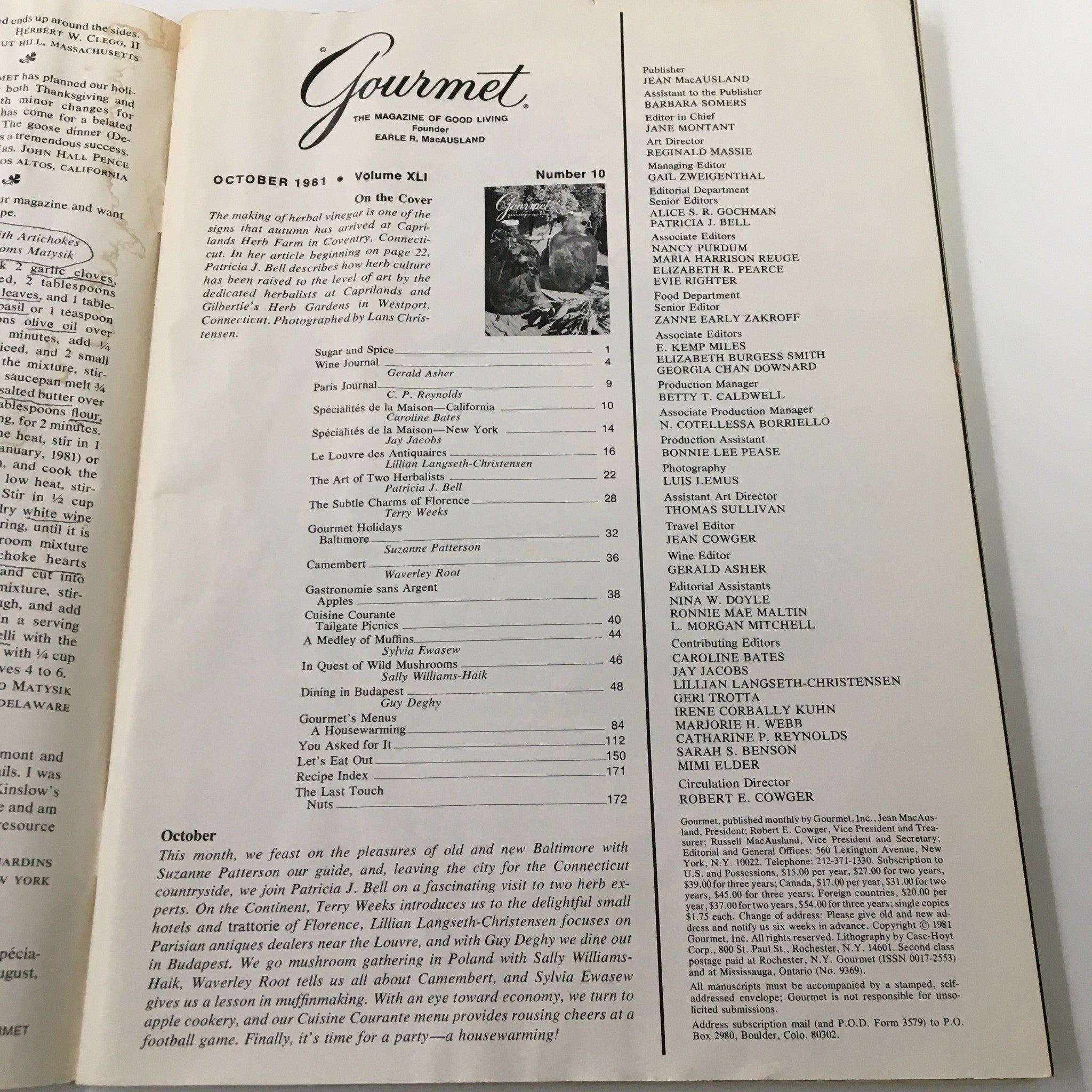 Table of contents page from VTG Gourmet Magazine October 1981, outlining articles and recipes, including the cover story about herbal vinegars and culinary contributions for the month.