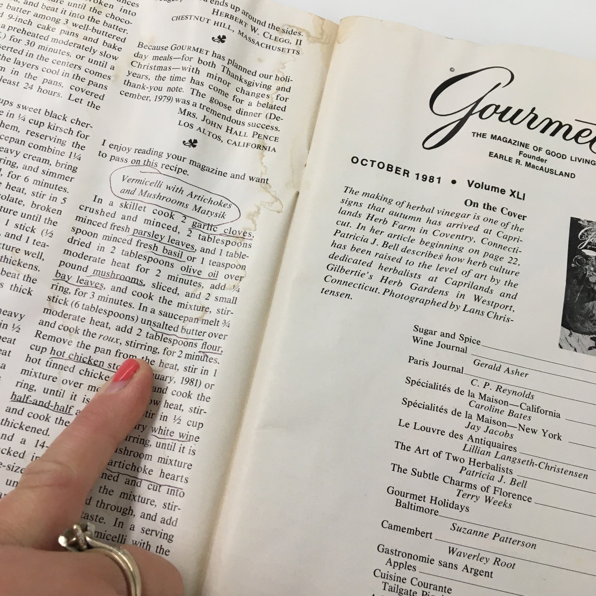 Additional content page from VTG Gourmet Magazine October 1981 featuring a recipe for Vermicelli with Artichokes, showcasing the magazine's unique style and historical culinary context.
