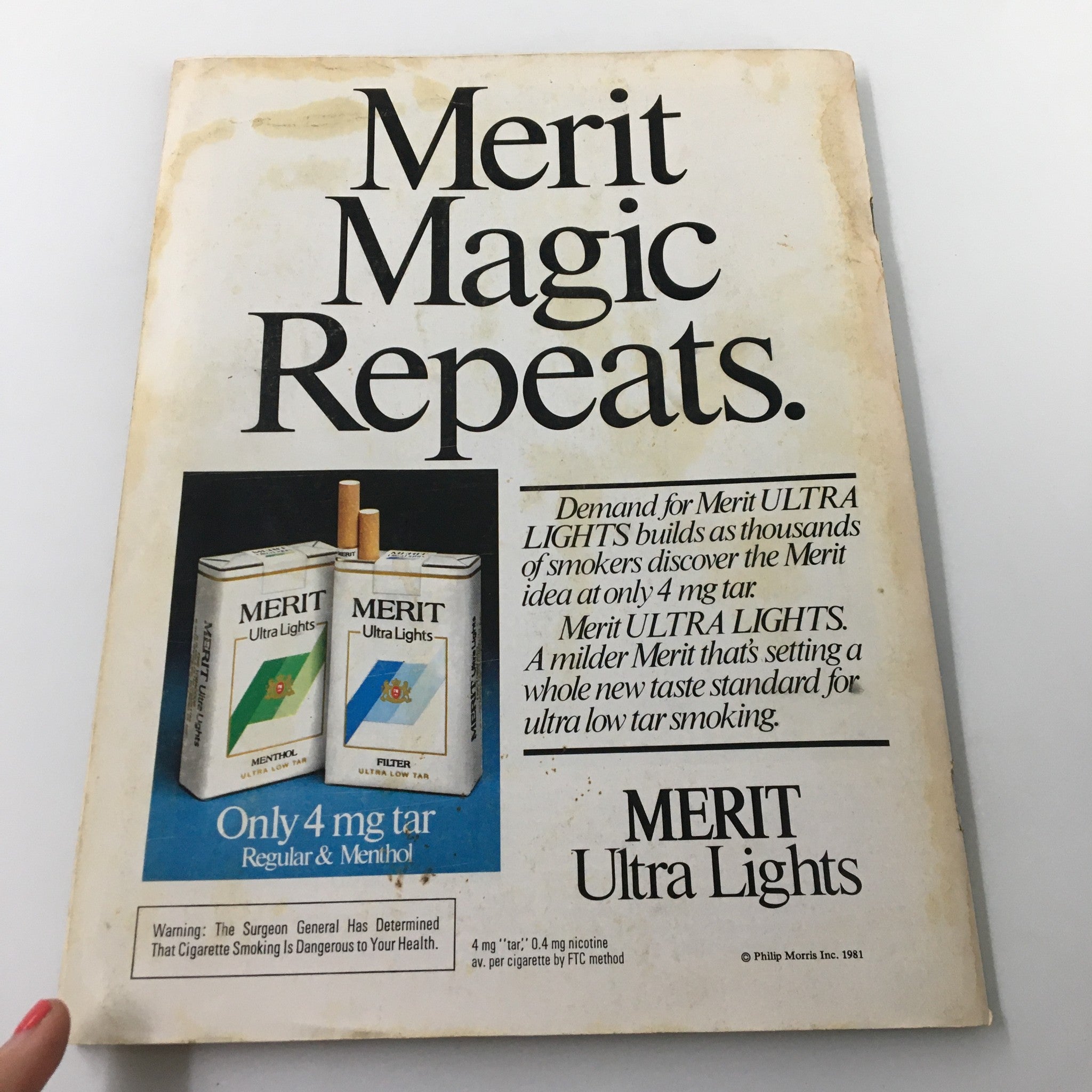 Cover image from a vintage Gourmet Magazine October 1981, featuring an advertisement for Merit Ultra Lights cigarettes, illustrating the advertising style of the early '80s.