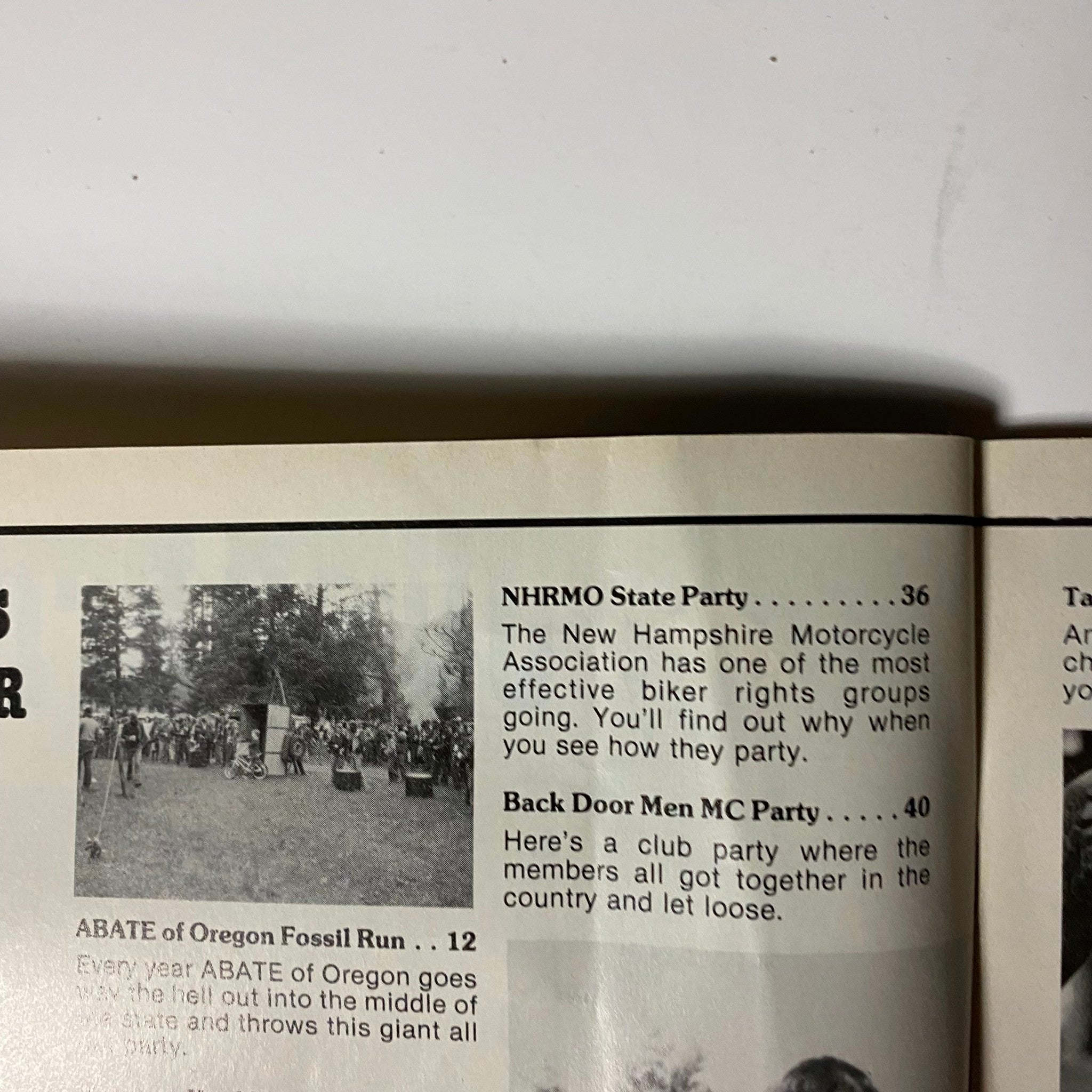 Page from VTG Biker Lifestyle Magazine September 1984, showcasing event listings including NHMRMO State Party and ABATE of Oregon Fossil Run, highlighting biker gatherings.