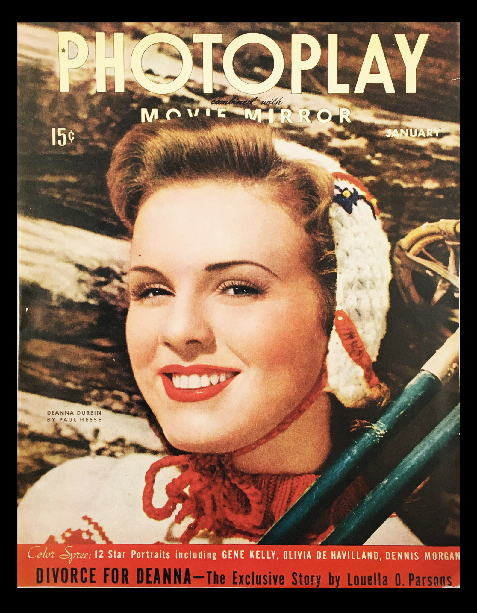 COVER ONLY of the January 1944 Photoplay Movie Mirror magazine featuring Deanna Durbin, showcasing her smiling portrait against a scenic background. Perfect collectible for vintage movie enthusiasts.