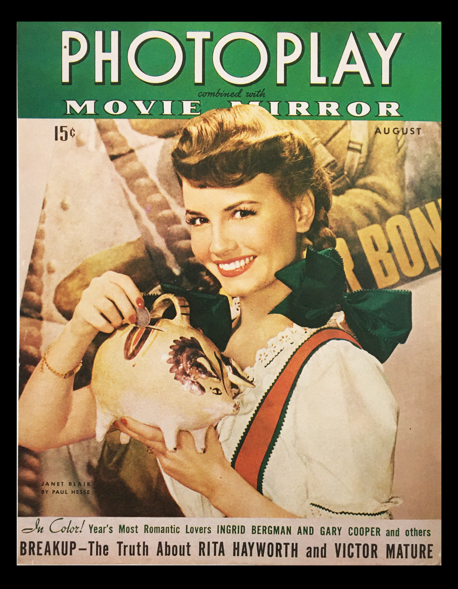 COVER ONLY Photoplay Movie Mirror Magazine August 1943 featuring Janet Blair, showcasing classic Hollywood glamour and vintage magazine design.