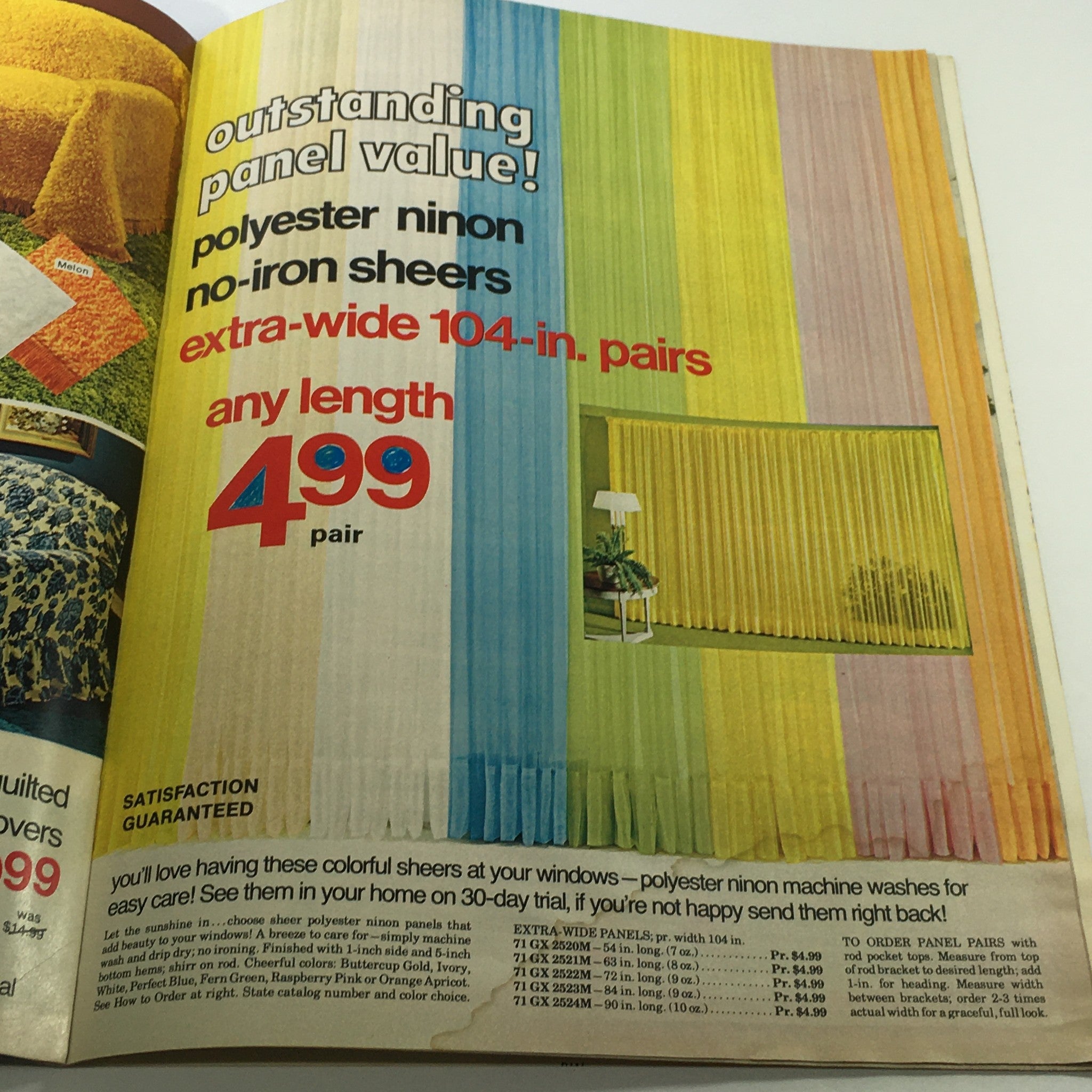 Spiegel Magazine Spring 1975 advertisement featuring colorful polyester ninnon no-iron sheers available in extra-wide 104-inch pairs for $4.99, showcasing vintage home decor options.