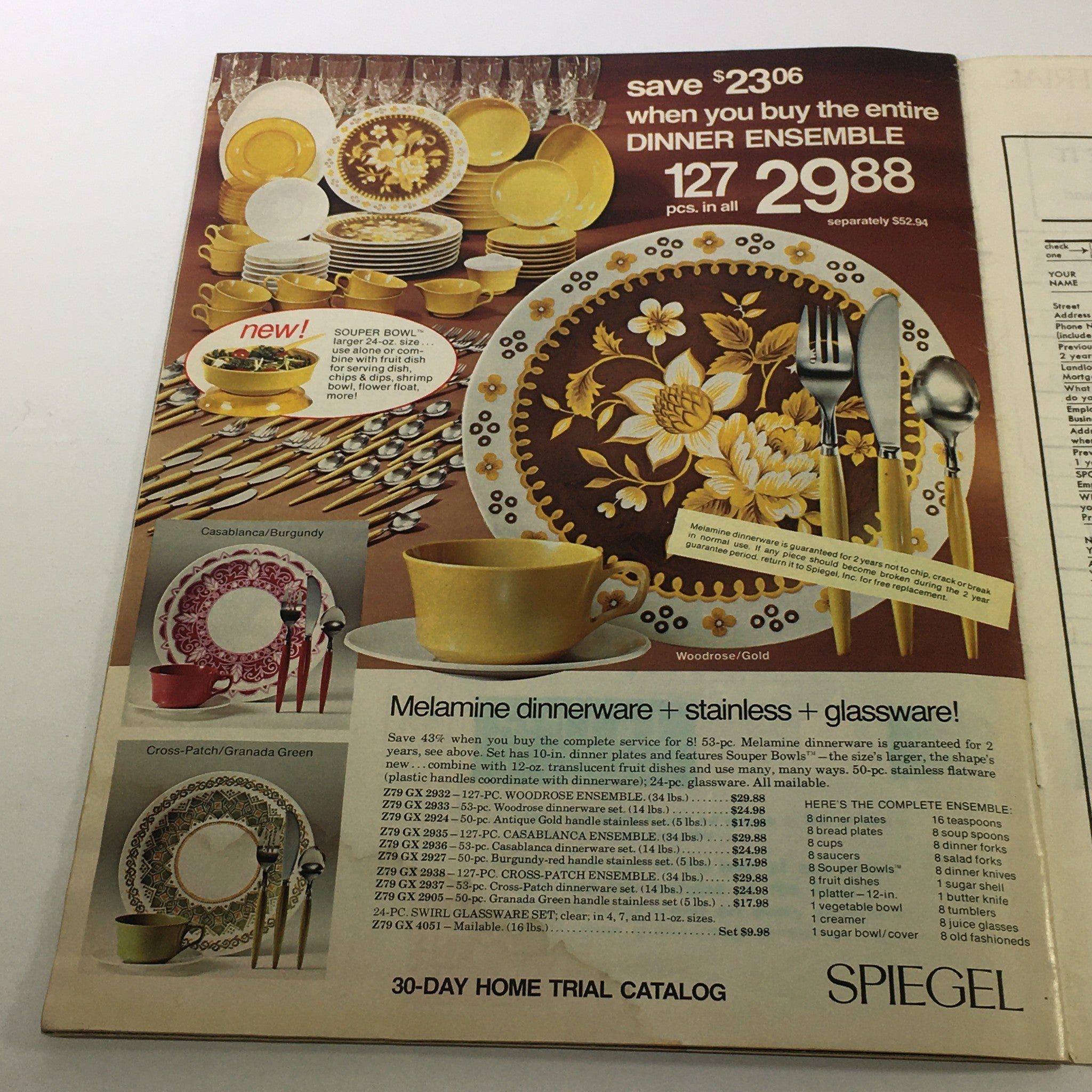 Spiegel Magazine Spring 1975 advertisement for a dinnerware ensemble with 127 pieces priced at $29.88, emphasizing melamine dinnerware, stainless steel, and glassware options.