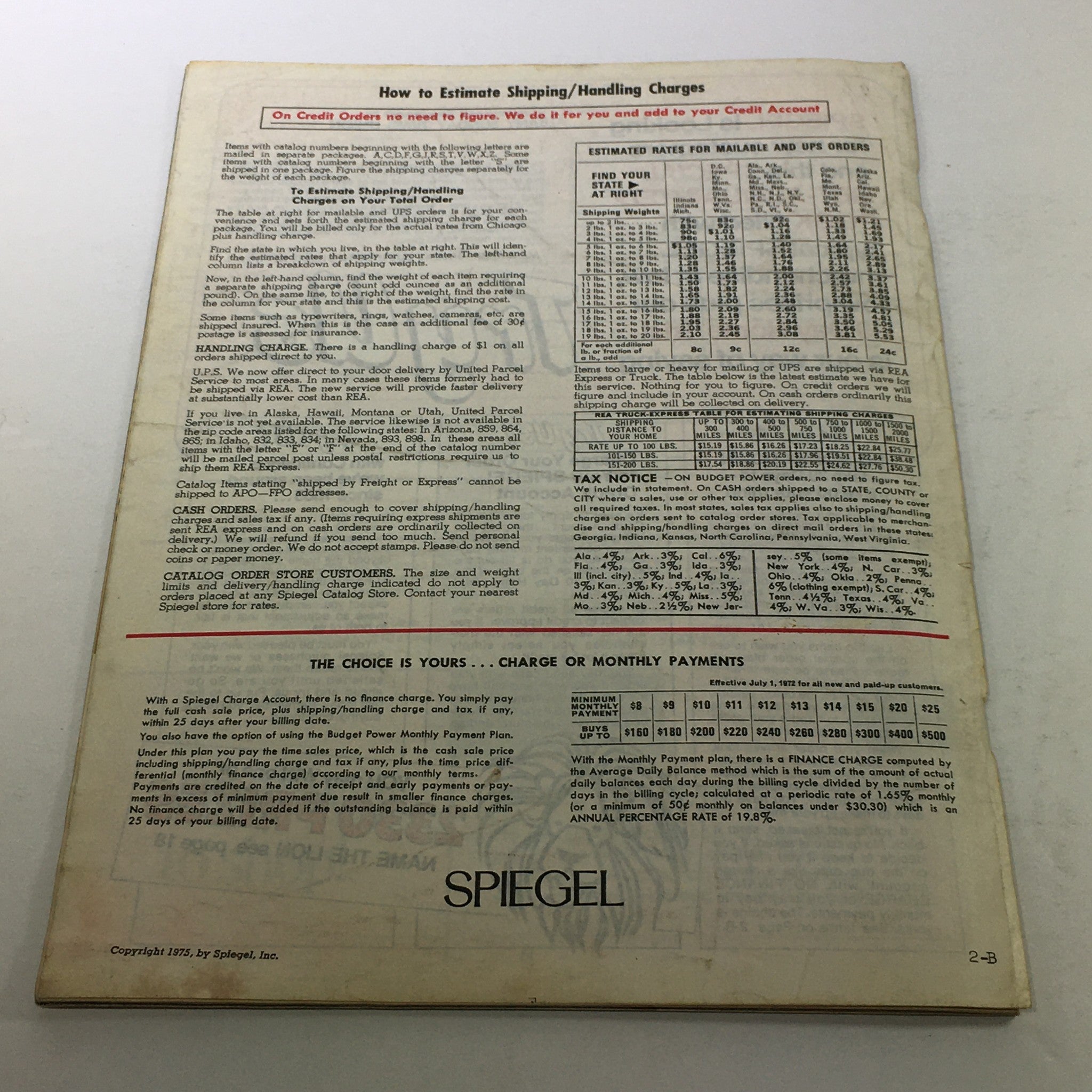 Back cover of Spiegel Magazine Spring 1975 detailing shipping and handling charges, with a guide for estimating costs and payment options for catalog orders.