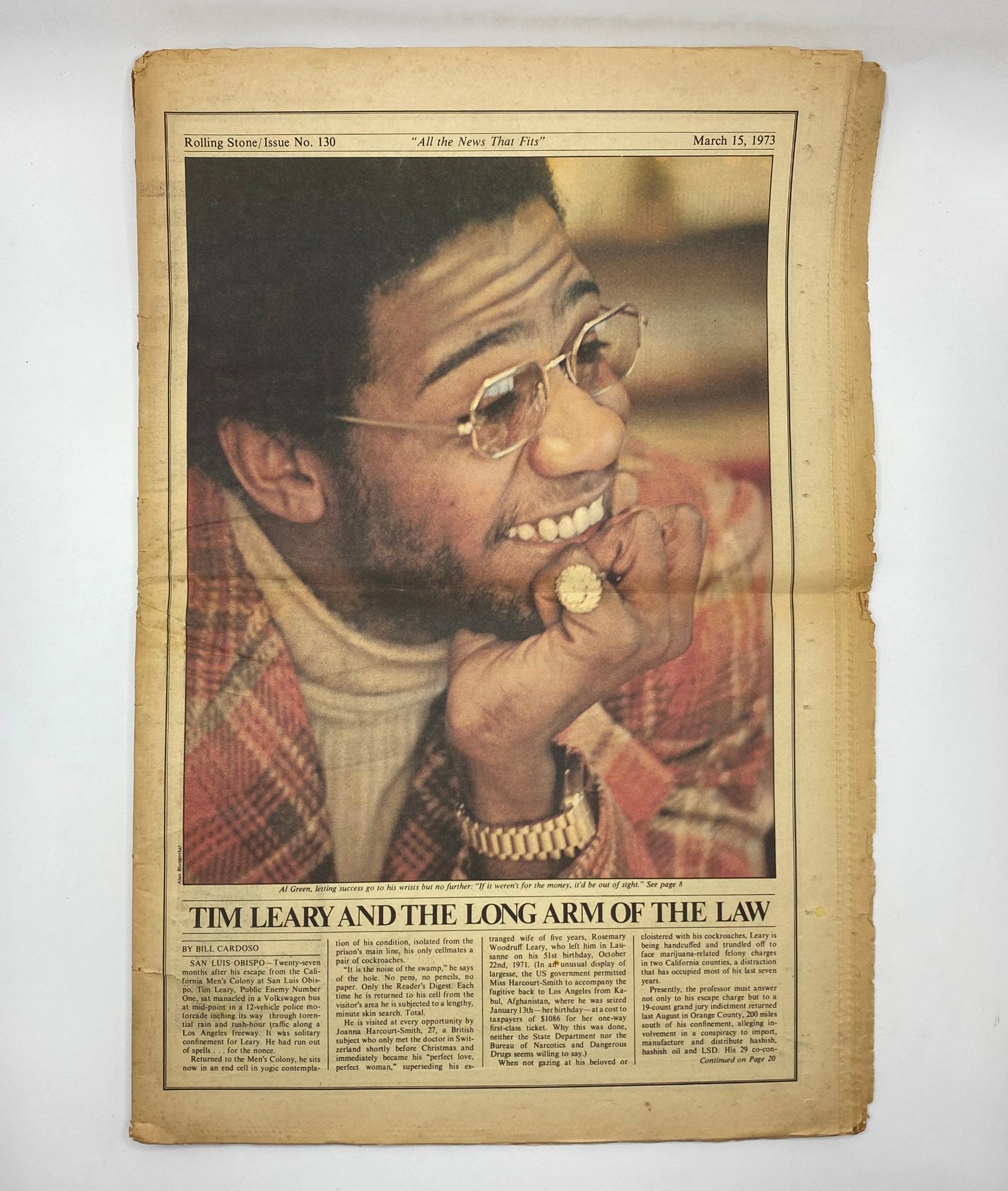 Interior page from Rolling Stone Magazine March 15, 1973, Issue No. 130, showcasing an article about Tim Leary, accompanied by a photograph highlighting the era's style.