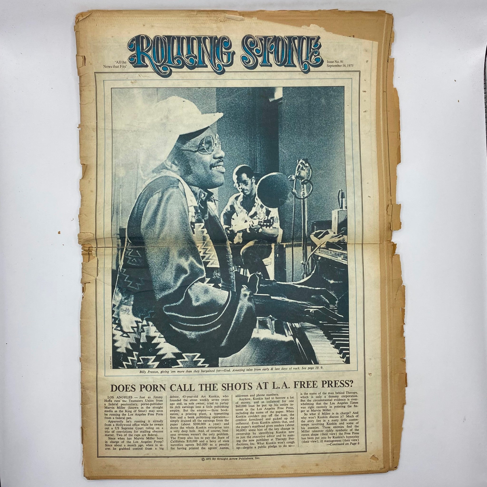 Interior page of Rolling Stone Magazine September 16, 1971 No. 91 featuring a black and white photo of Billy Preston performing. The image captures a historical moment in music, reflecting the magazine's rich cultural significance from the era.
