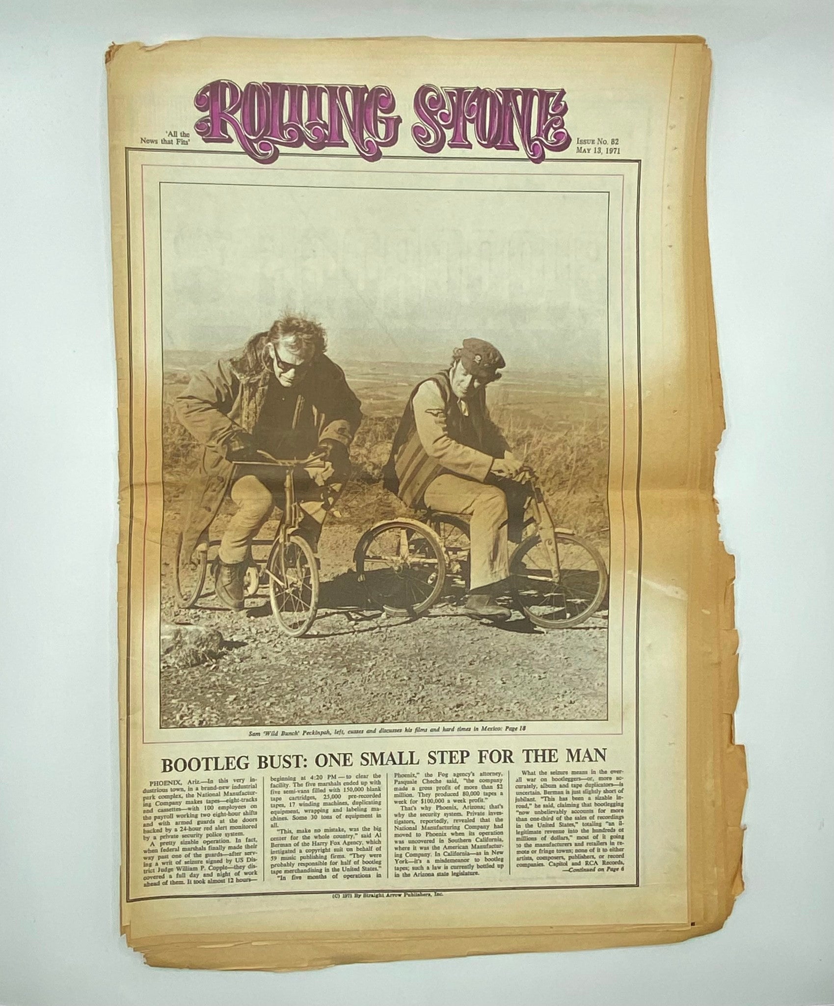 Interior page of Rolling Stone Magazine, Issue No. 82 from May 13, 1971, featuring an article titled 'Bootleg Bust: One Small Step for the Man', highlighting the unique journalism of the era.