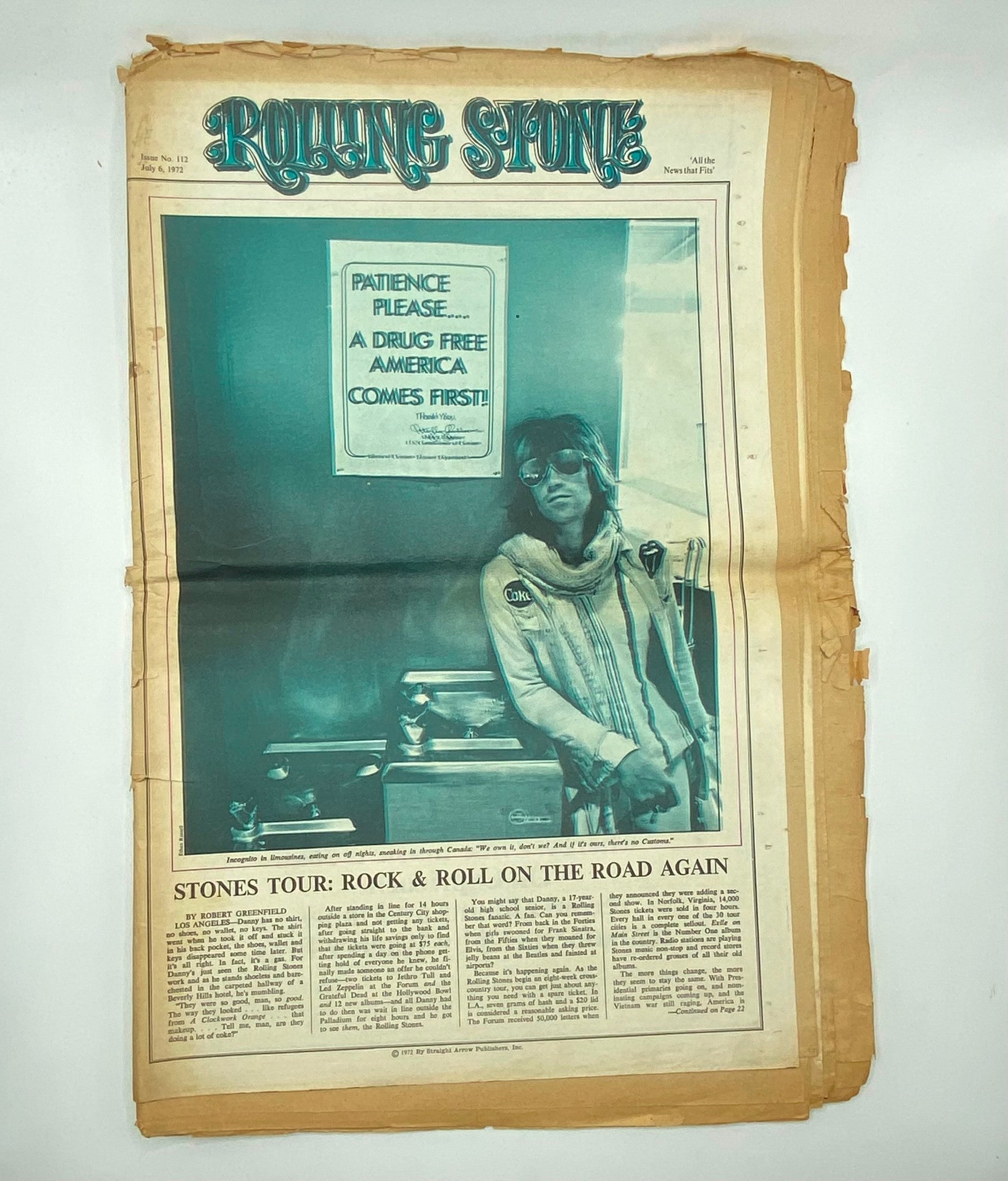 Rolling Stone Magazine July 6 1972 Issue No. 112 displaying an article on the Stones Tour with artistic visuals and historical content relevant to the era.