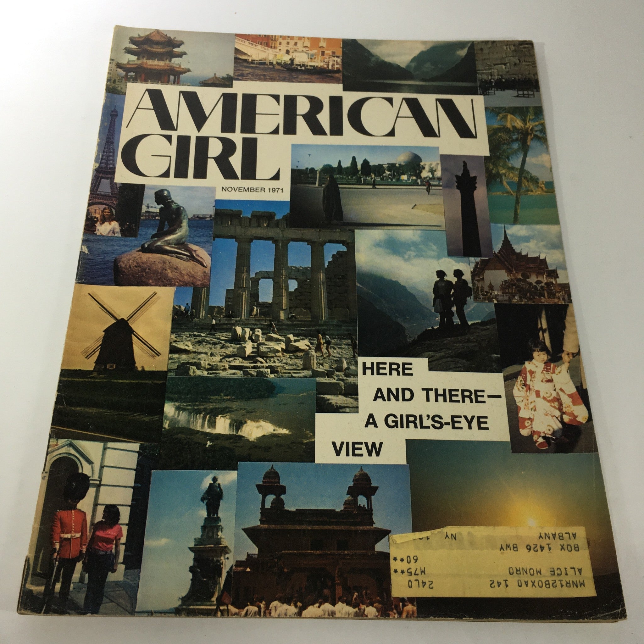 Cover of VTG American Girl Magazine: November 1971 - Here And There, A Girl's Eye View featuring a collage of travel images and scenic locations.