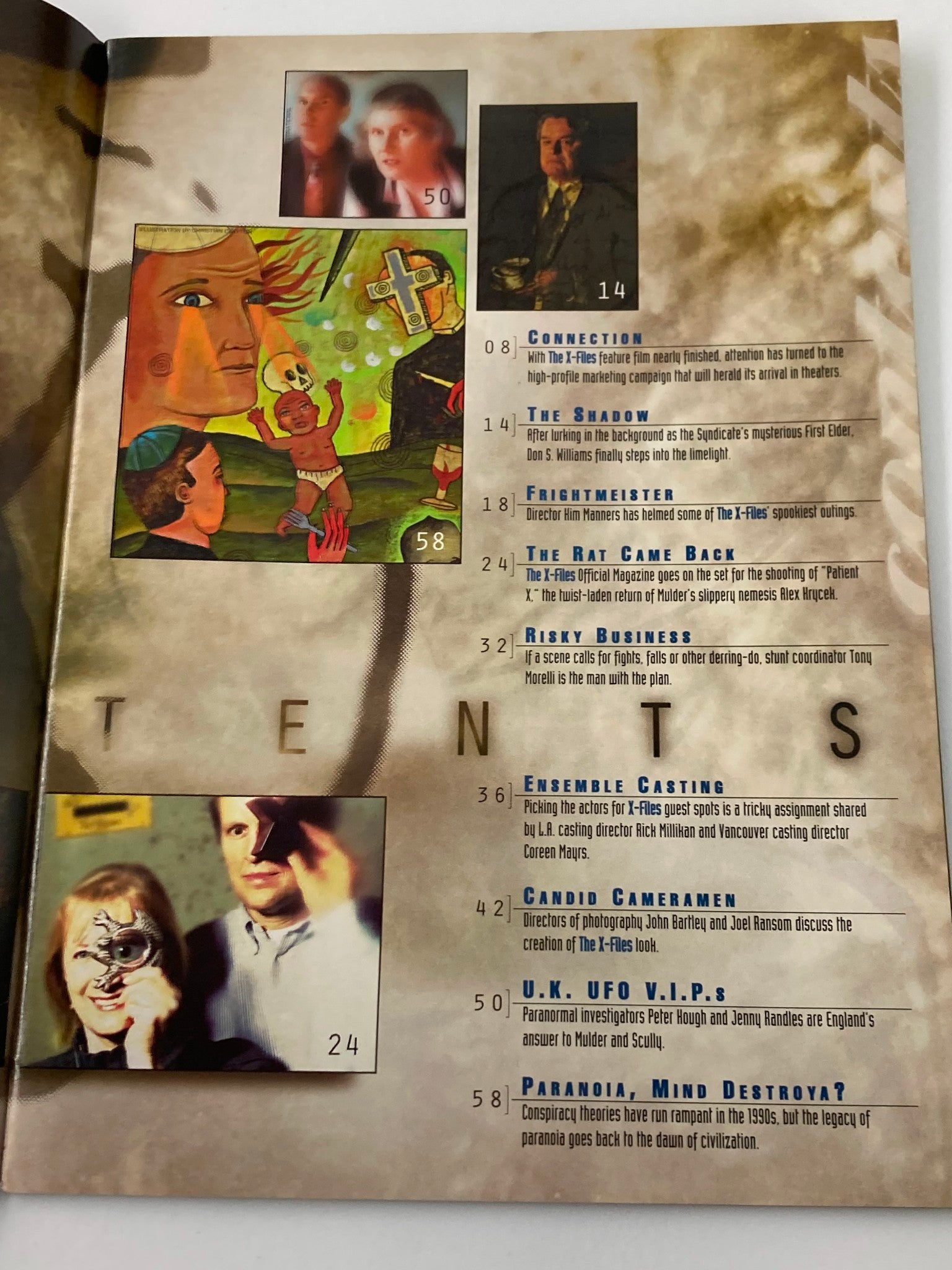 Interior page of The X-Files Magazine Spring 1998 featuring various articles with illustrations, including 'Connection', 'The Shadow', and 'Paranoia, Mind Destroya?'. Contains images and descriptions relevant to the show.