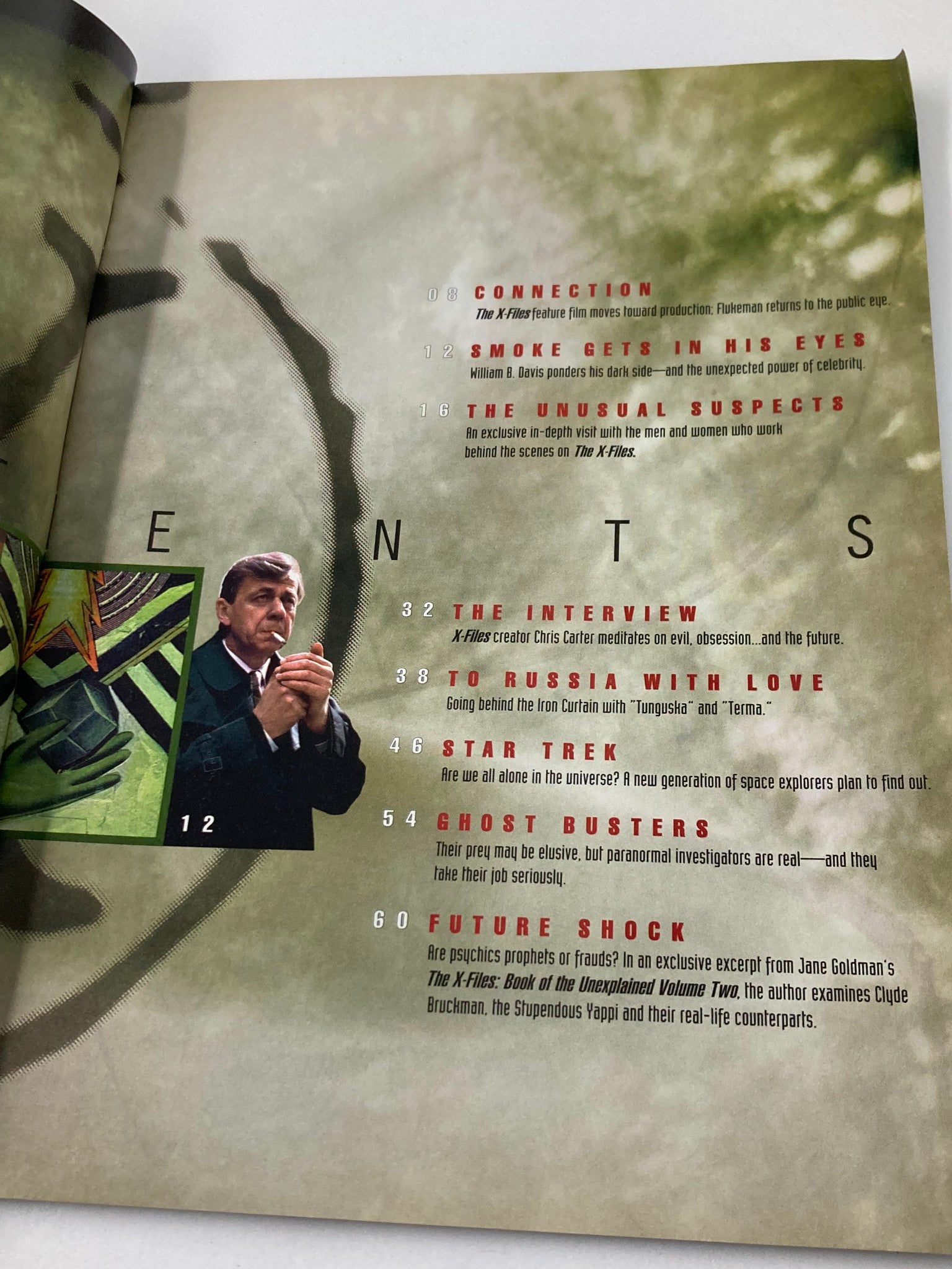 Inside page of The X-Files Magazine Spring 1997 showing the table of contents with featured articles including interviews and insights into the series, enhancing its collectible value.