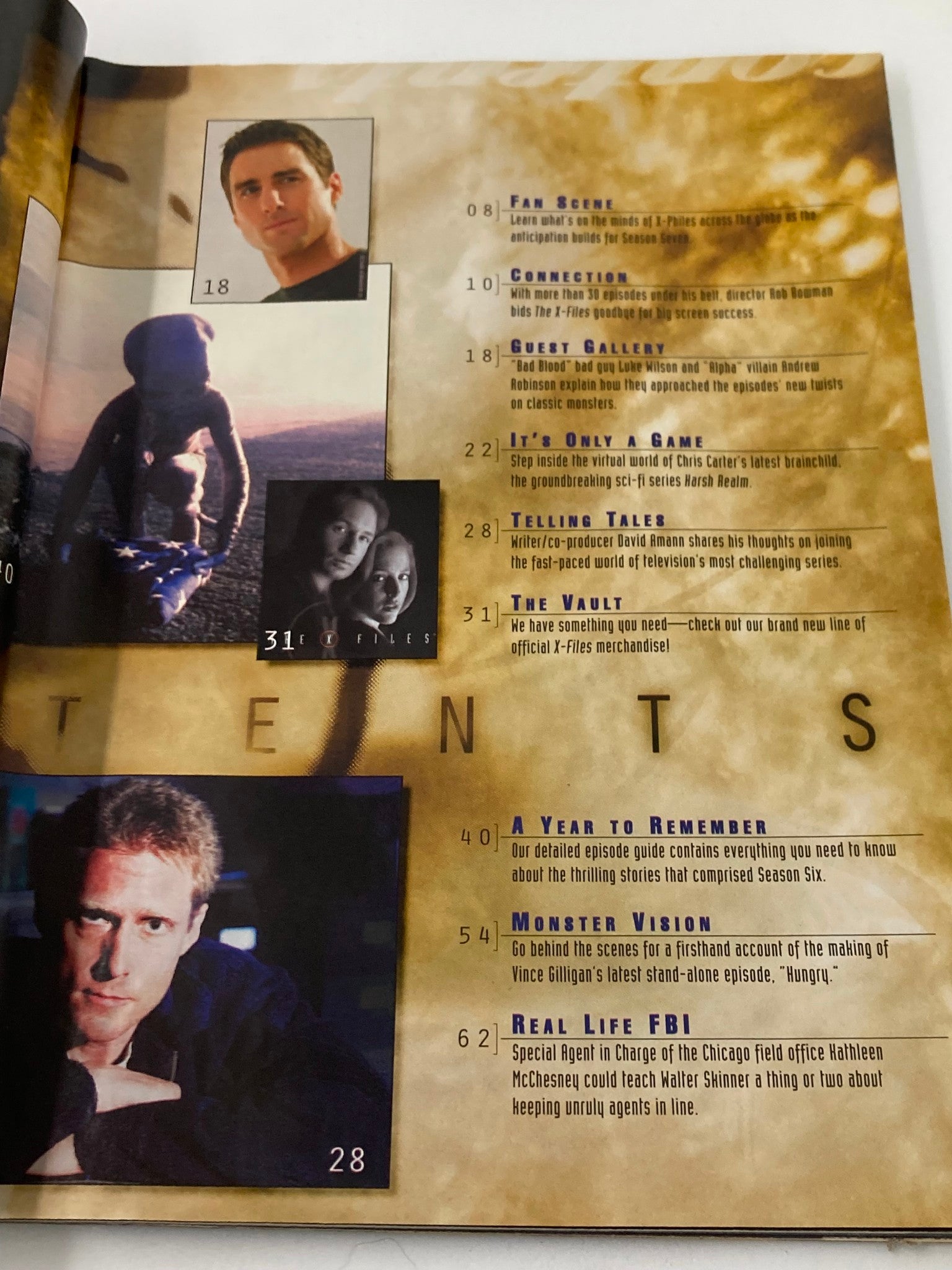 The X-Files Magazine Fall 1999 interior contents page, highlighting articles and themes, including fan features and episode guides.