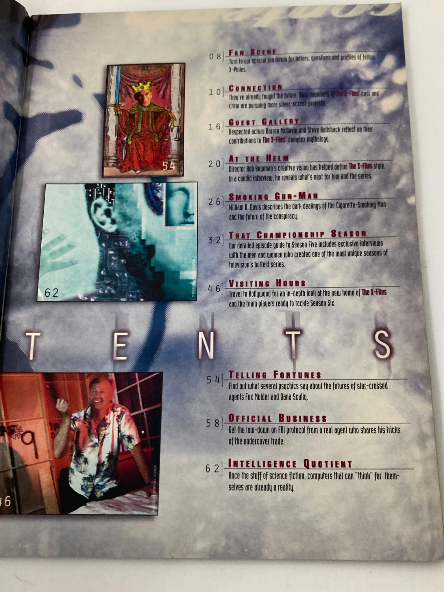 The X-Files Magazine Fall 1998 table of contents, highlighting features like At the Helm with Rob Bowman and sections on fan interactions and episode guides.