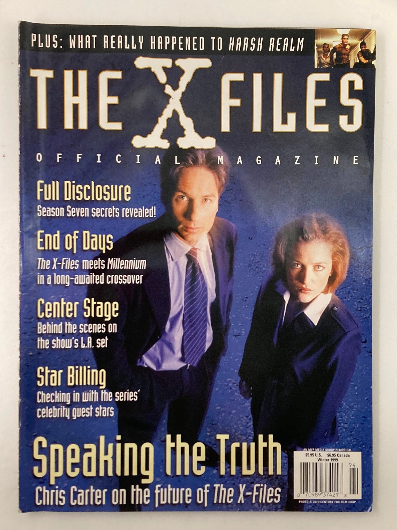 The X-Files Magazine Winter 1999 cover featuring David Duchovny and Gillian Anderson in a promotional image highlighting the show's influence and secrets revealed.