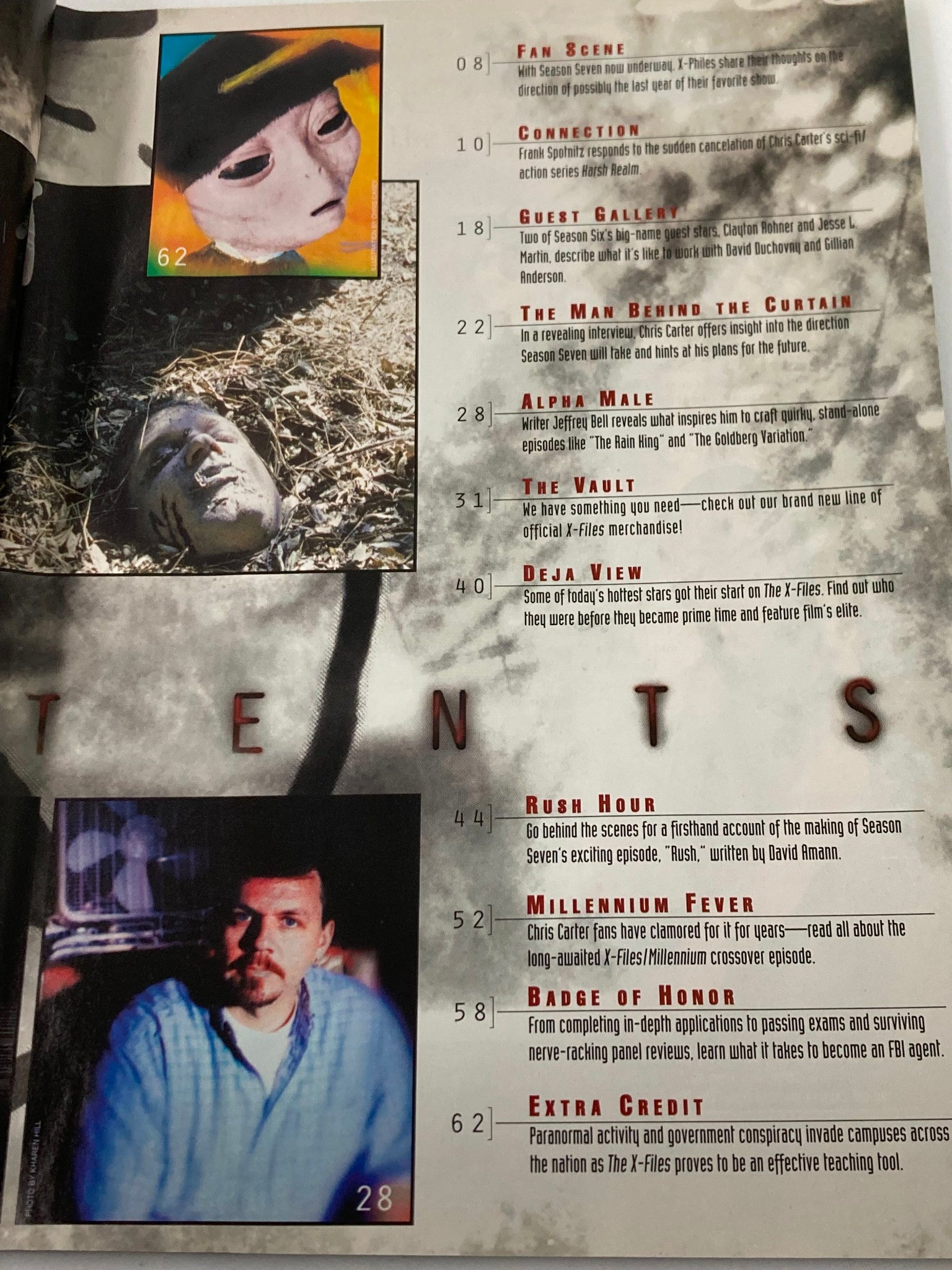 Contents page of The X-Files Magazine Winter 1999 showcasing various articles and topics covered, including interviews and behind-the-scenes insights.