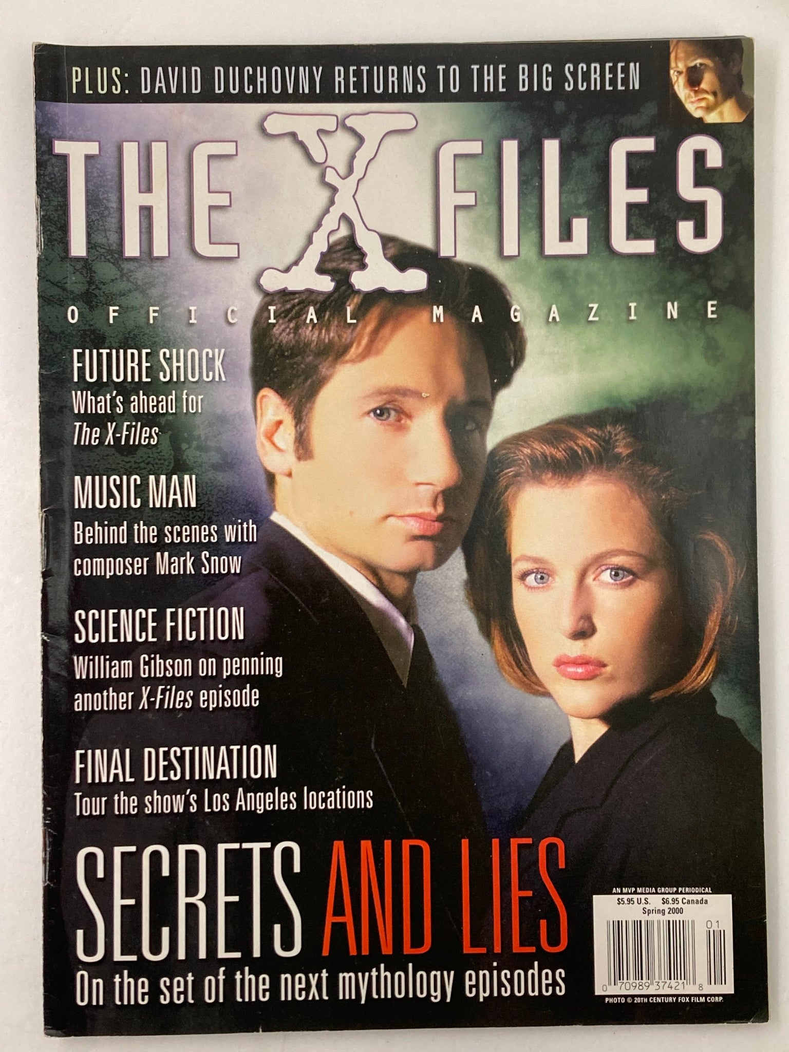 The X-Files Magazine Spring 1999 cover featuring David Duchovny and Gillian Anderson, highlighting articles on secrets and lies in the series along with promotional content related to their iconic roles.