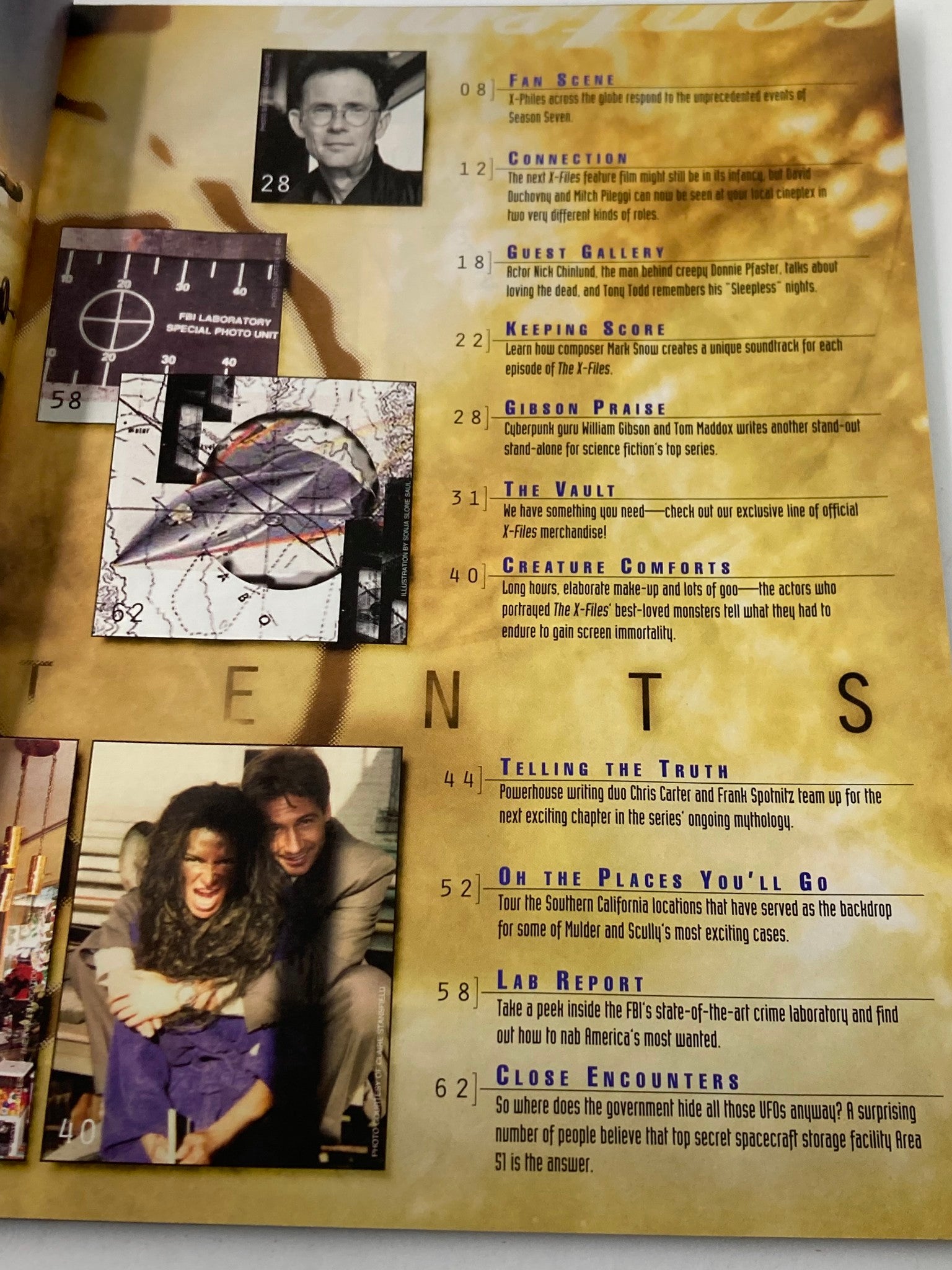 The contents page of The X-Files Magazine Spring 1999, showcasing the headings of various articles including features on guest galleries and insights into the show's mythology.