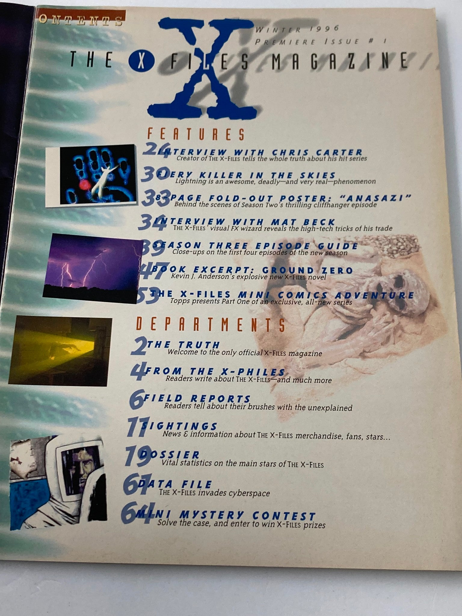 The X-Files Magazine Winter 1996 interior contents page listing features and departments including interviews and episode guides for fans of the iconic series.
