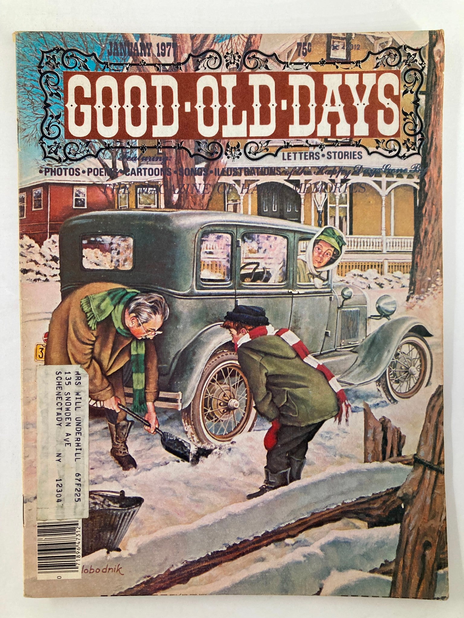 Cover of VTG Good Old Days Magazine January 1977 Vol 13 #7 titled 'The Year I Learned To Skate', featuring a vintage snowy street scene with children and adults shoveling snow, and an old car parked nearby.