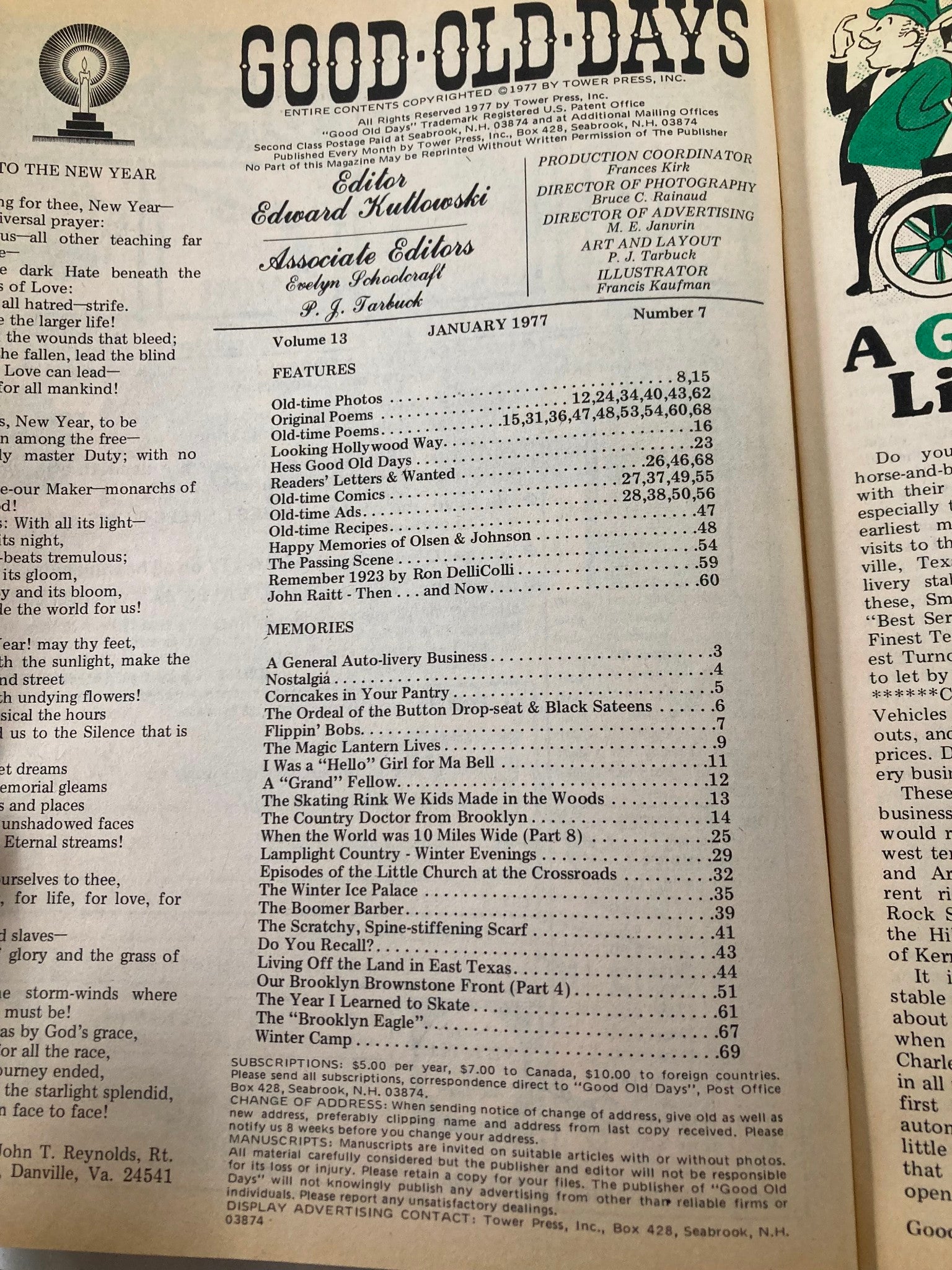 Inside page of VTG Good Old Days Magazine January 1977 Vol 13 #7, showing the contents list with various nostalgic features and articles such as 'The Year I Learned to Skate' and other engaging stories.
