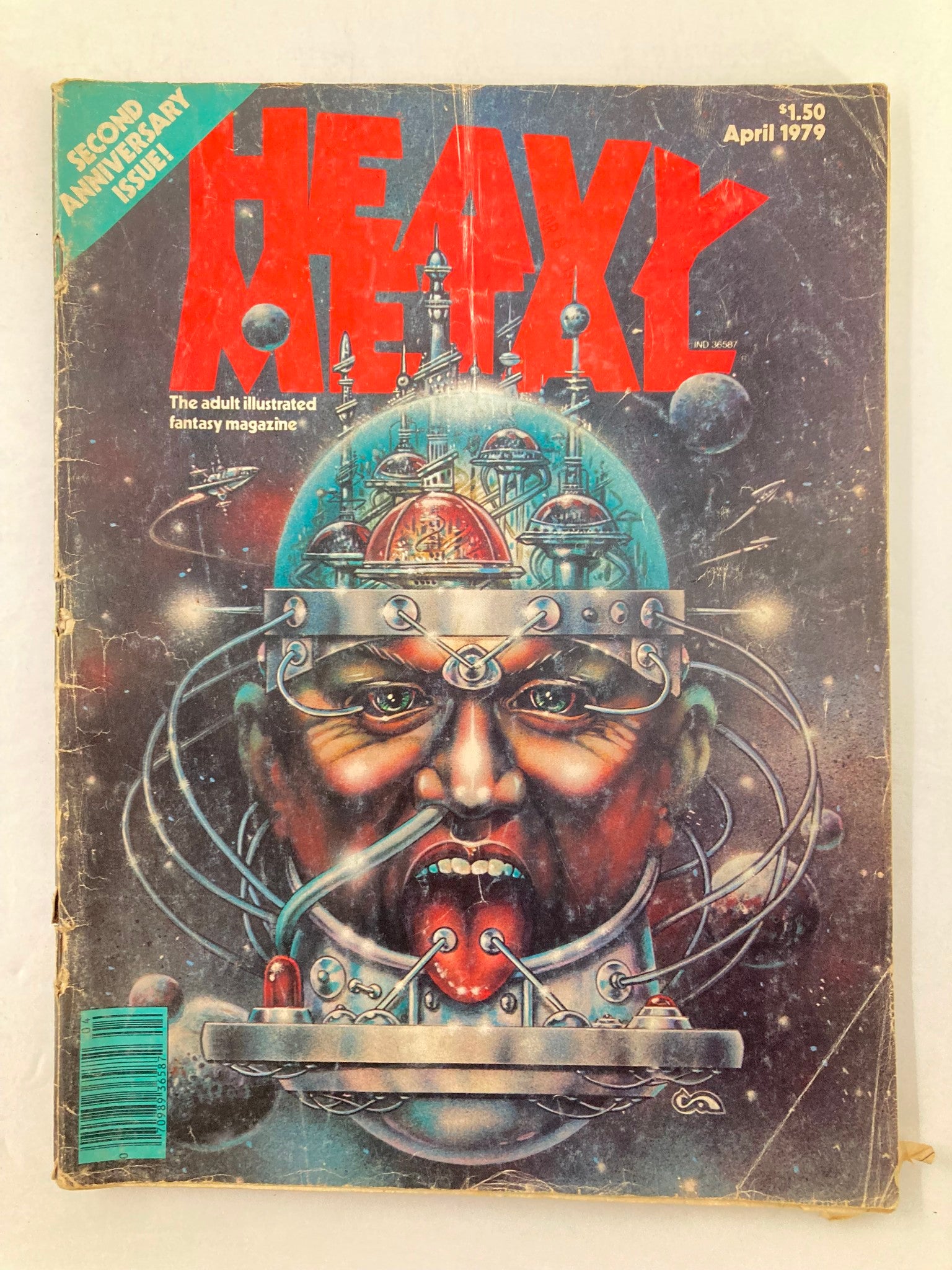 Cover of VTG Heavy Metal Magazine April 1979 featuring striking sci-fi artwork and the title 'Heavy Metal' prominently displayed. The cover illustrates a futuristic character with an intricate helmet, embodying the themes of fantasy and science fiction.
