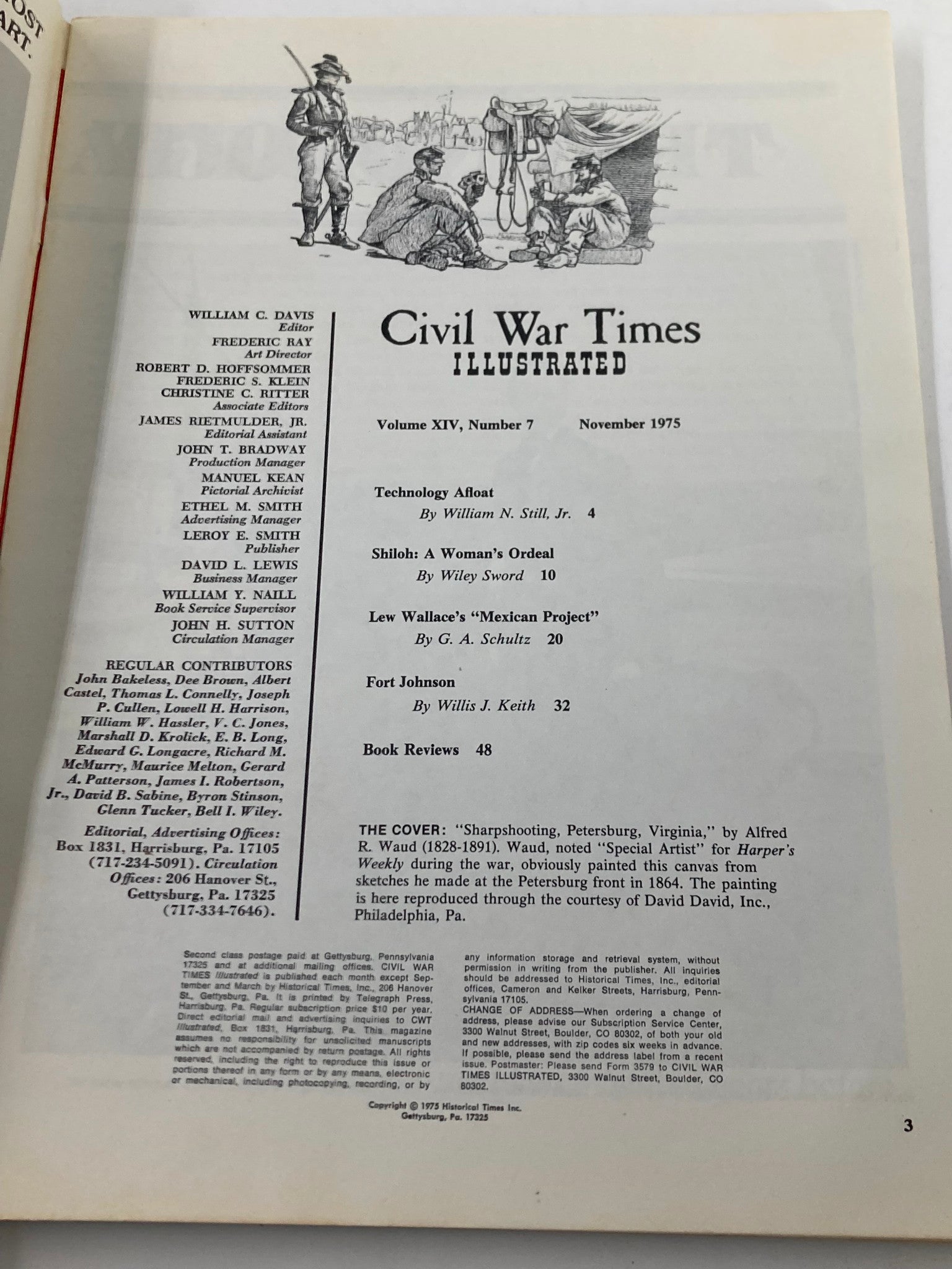 Interior page of VTG Civil War Times Illustrated Magazine November 1975 showcasing the contents and editorial details.