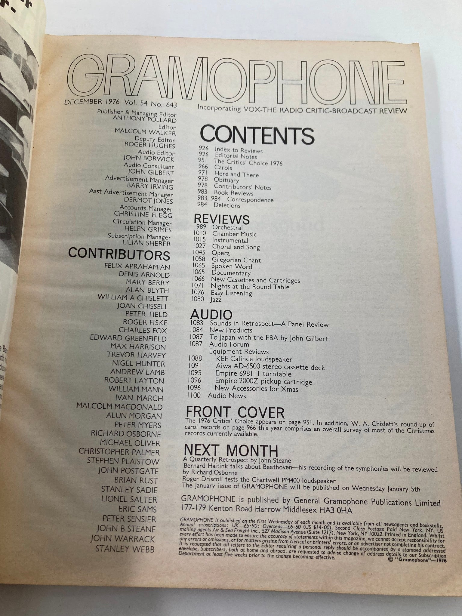 Interior page of VTG Gramophone Magazine December 1976 Vol 54 #643, displaying the contents page. Lists contributors and various music-related reviews.
