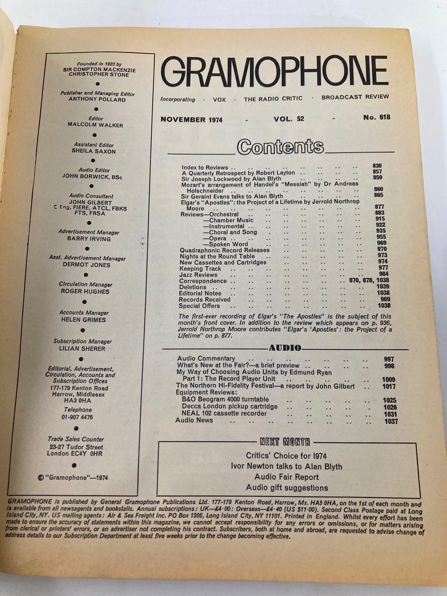 Contents page of VTG Gramophone Magazine November 1974, Vol 52 #618 detailing articles, reviews, and features related to music.