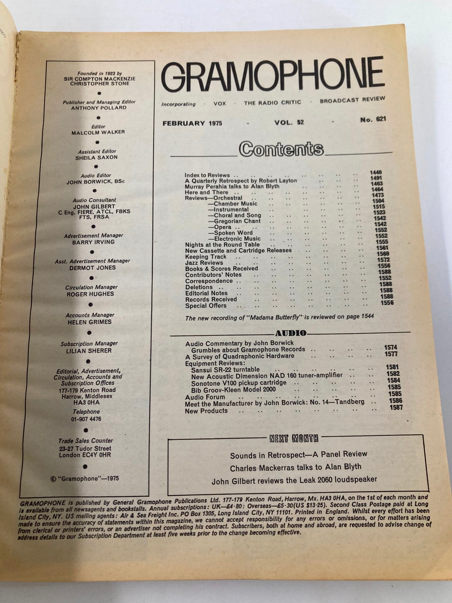 Contents page of the Gramophone Magazine, February 1975, Volume 52, Issue #621, detailing articles, reviews, and features, highlighting the focus on classical music and opera.