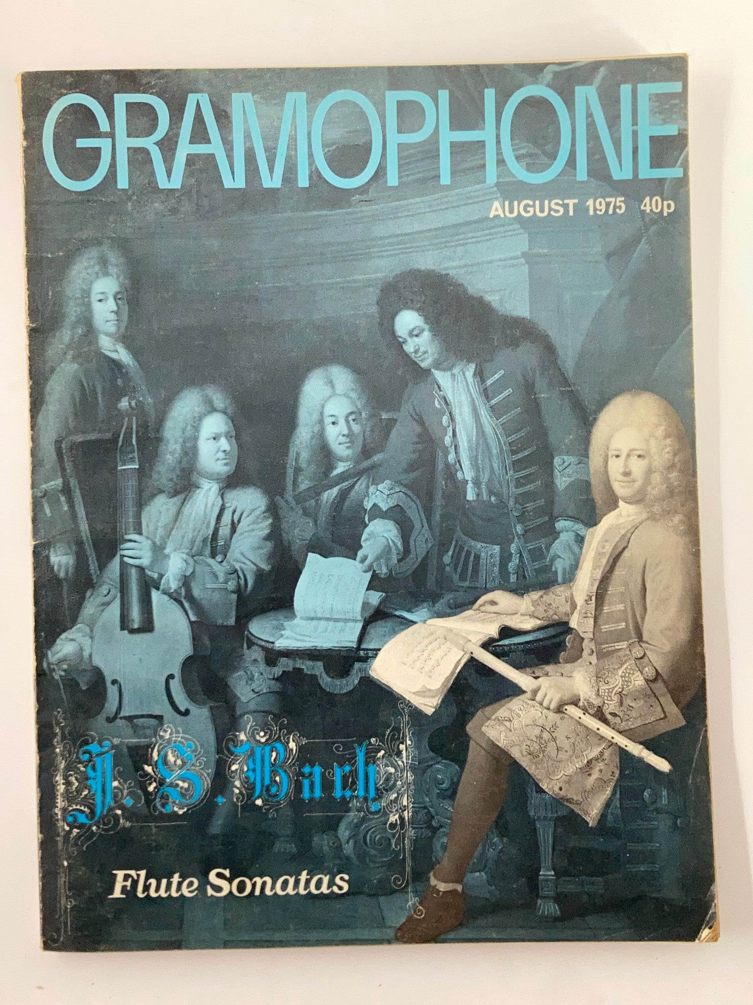 Cover of VTG Gramophone Magazine August 1975 featuring Johann Sebastian Bach, showcasing Flute Sonatas with a historical illustration of musicians.