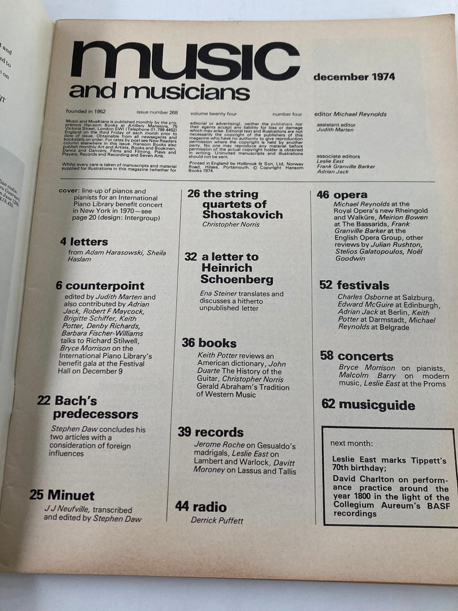 Inside page of the VTG Music & Musicians Magazine December 1974 displaying contents and features of the issue. Highlights include articles on string quartets, opera, and concerts, providing insights into the musical landscape of the era.