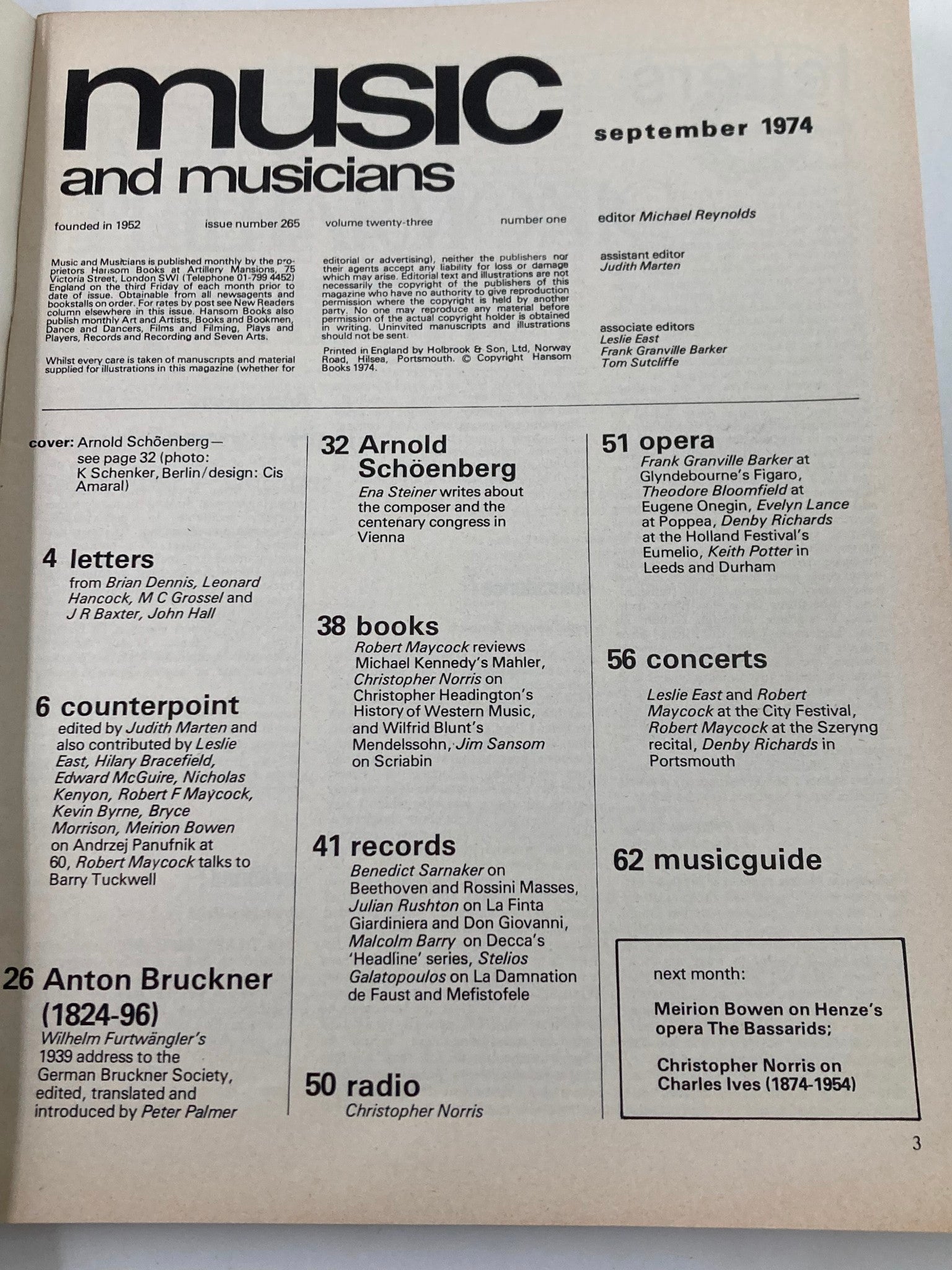 Page from VTG Music & Musicians Magazine September 1974, Issue #265 featuring article headings, including an in-depth feature on Arnold Schoenberg and other music-related content.