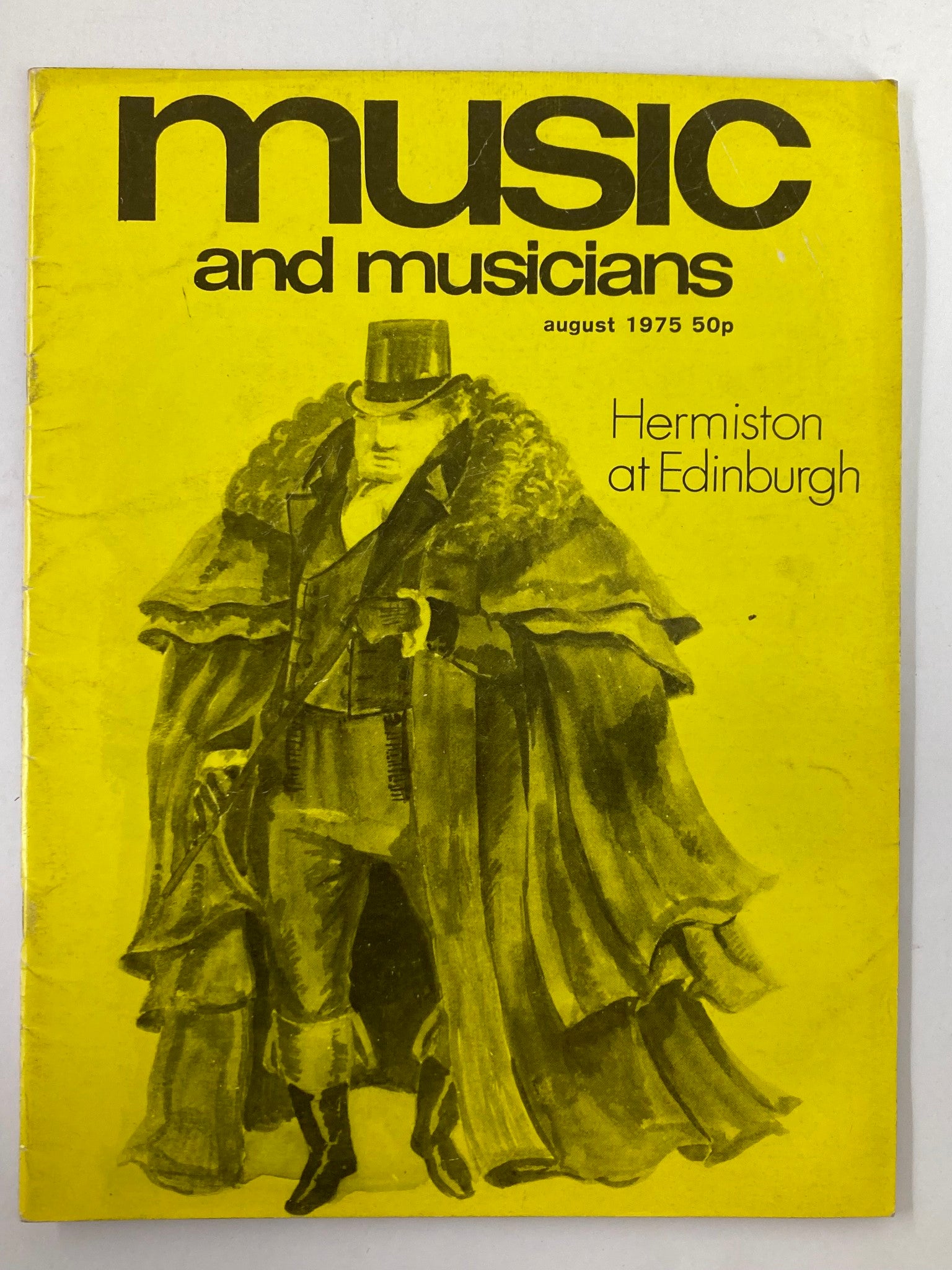 VTG Music & Musicians Magazine August 1975 cover featuring Hermiston at Edinburgh, showcasing a vintage design with a striking yellow background and a detailed illustration.