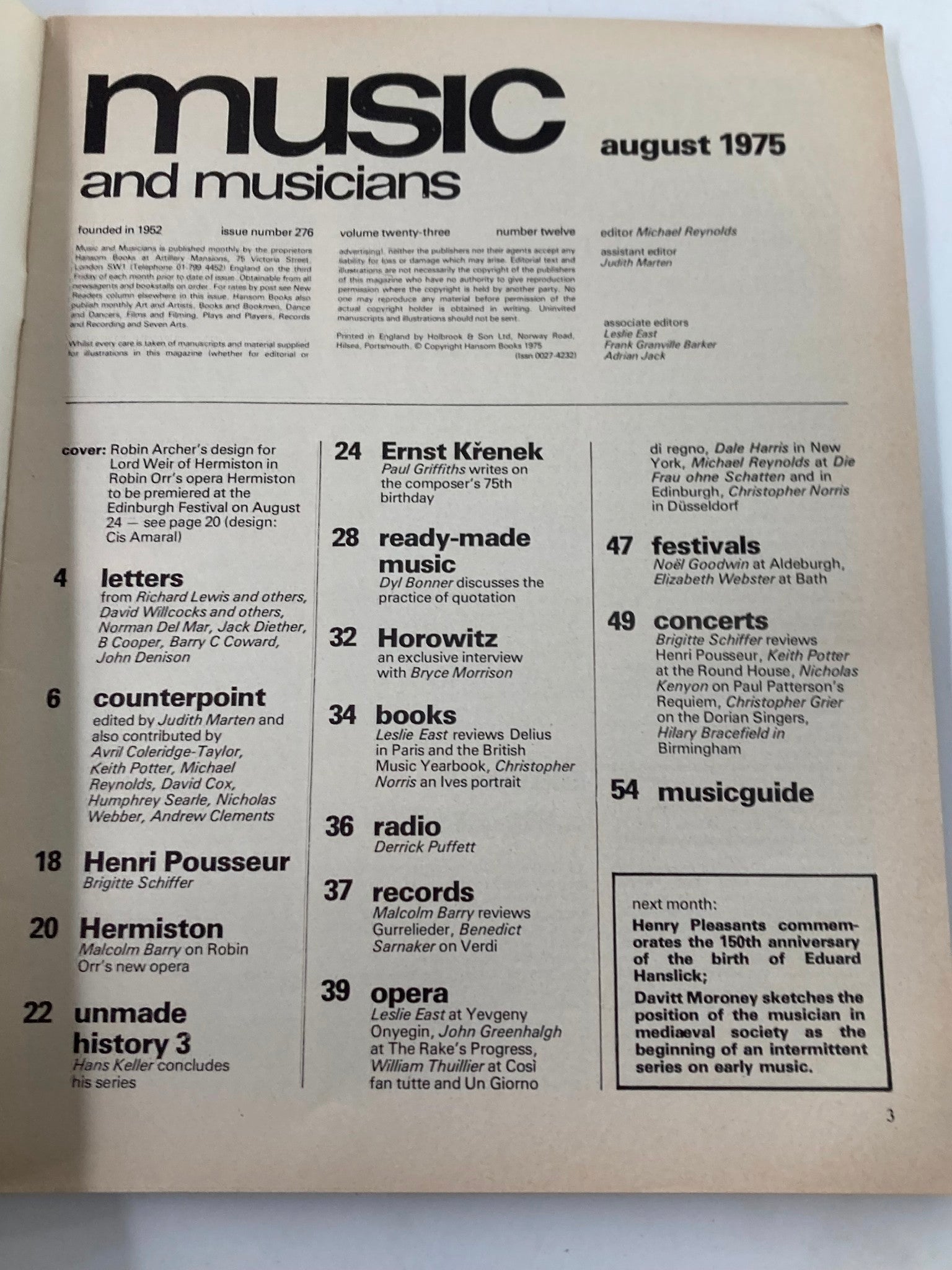 VTG Music & Musicians Magazine August 1975 interior page featuring the table of contents, highlighting articles and features from issue #276.