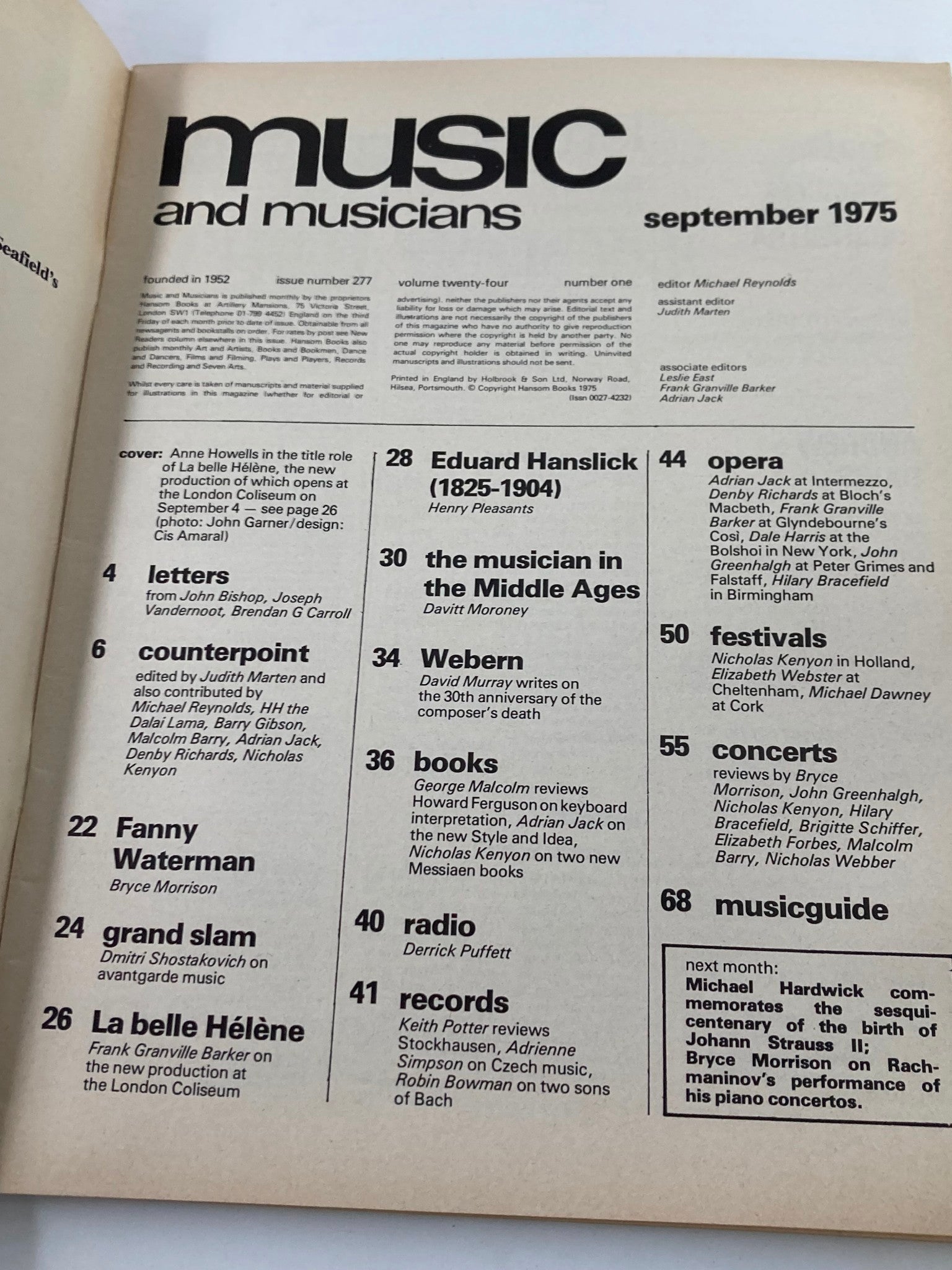 Inside page of VTG Music & Musicians Magazine September 1975 #277 featuring the table of contents and articles, showcasing highlights from the issue including Anne Howells, Fanny Waterman, and Eduard Hanslick.