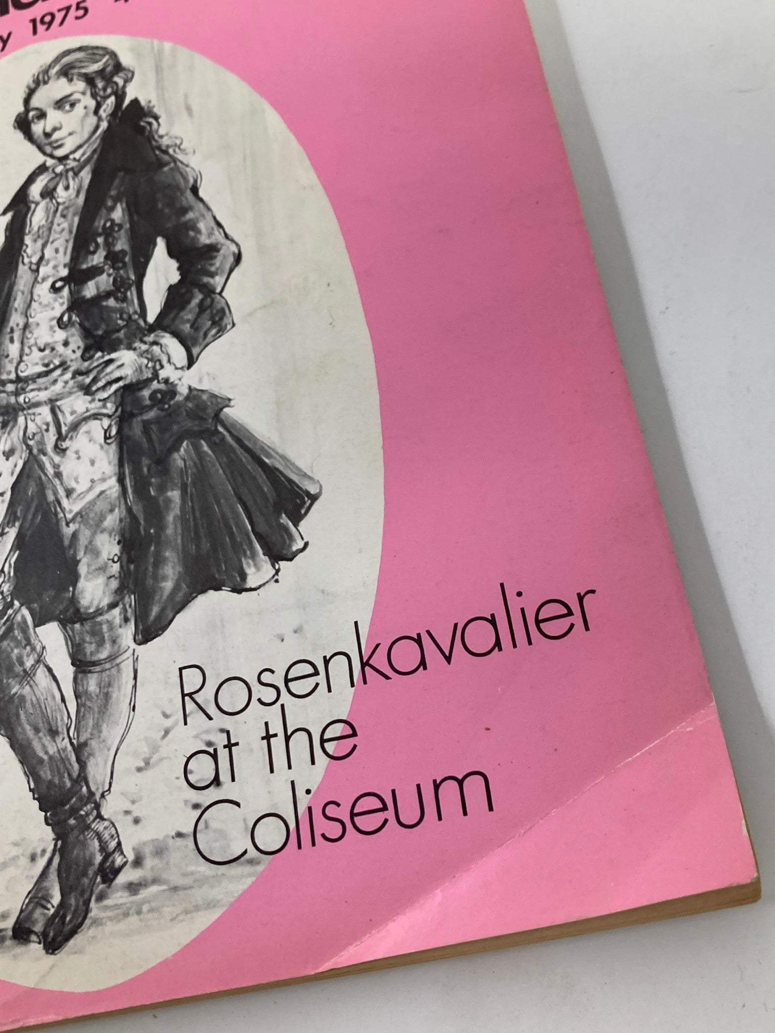 Close-up of the cover of VTG Music & Musicians Magazine February 1975, showcasing the title "Rosenkavalier at the Coliseum" with a vintage pink background.