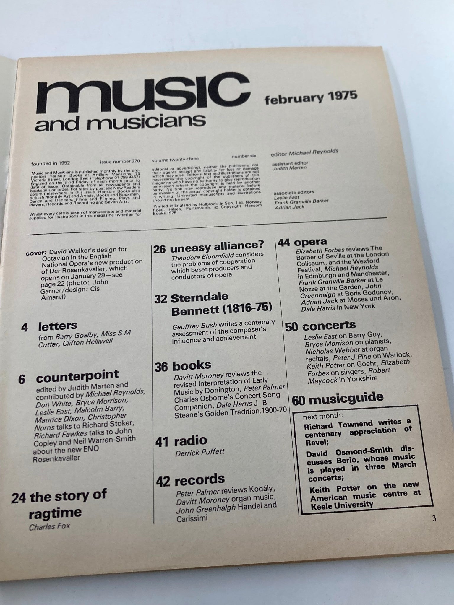 Interior page of VTG Music & Musicians Magazine February 1975, highlighting the table of contents and information about various articles related to music.