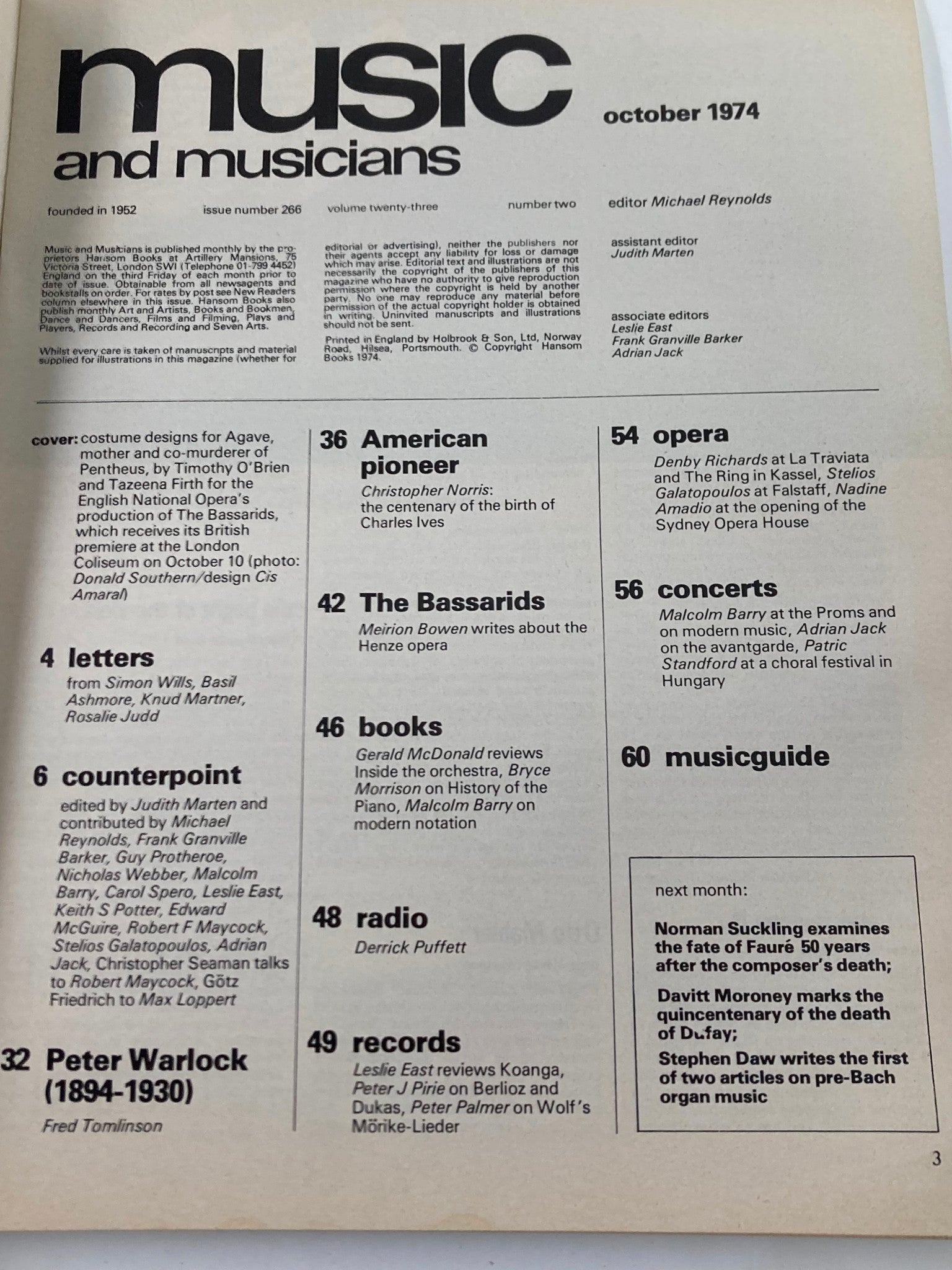 Inside page of VTG Music & Musicians Magazine, October 1974, issue #266, showcasing the magazine's table of contents and featured articles on contemporary music.