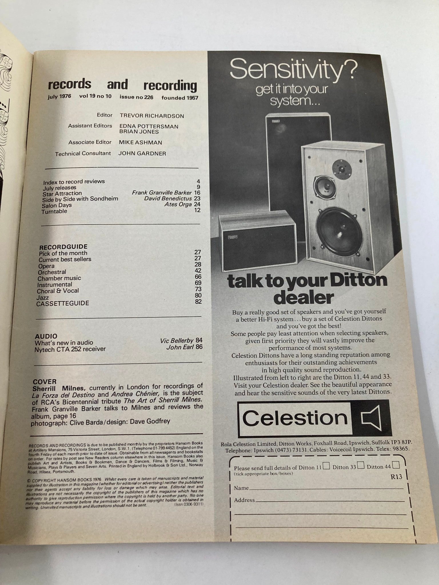 Interior page of VTG Records & Recording Magazine July 1976, Vol 19 #10, displaying the table of contents and details about recording and audio equipment.