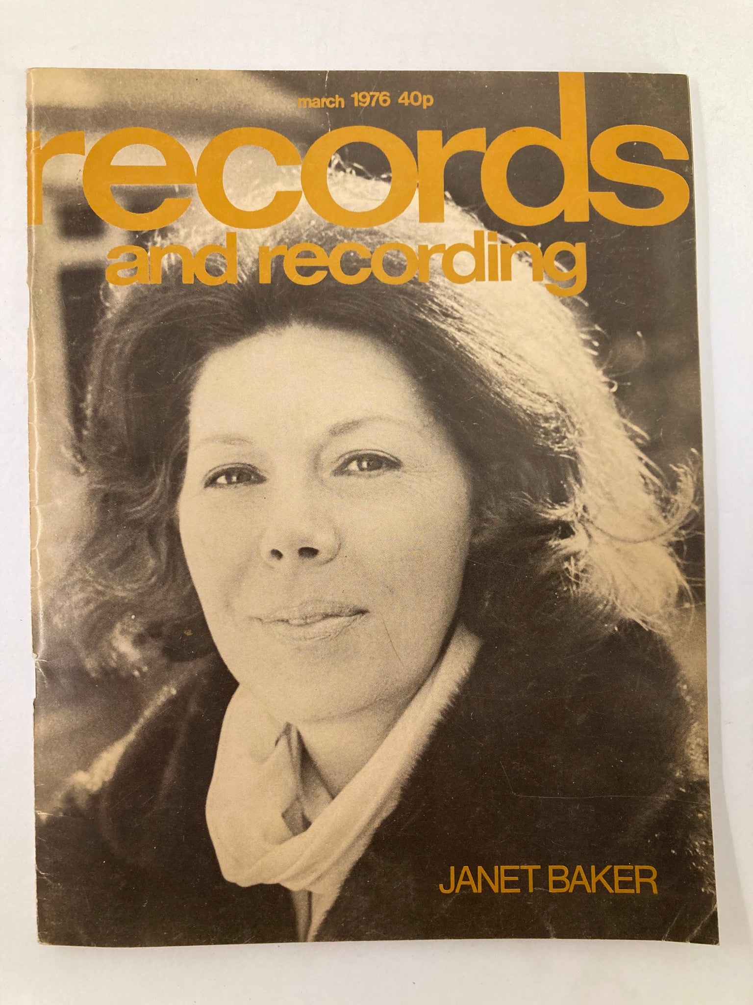Cover of the March 1976 issue of Records & Recording Magazine featuring Janet Baker, a renowned British mezzo-soprano, highlighting the vintage aesthetic of the 1970s music scene.